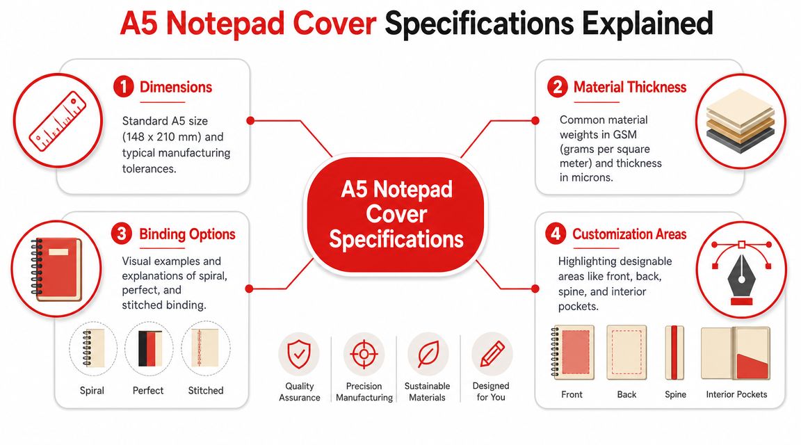 An infographic detailing A5 notepad cover specifications including dimensions, material thickness, binding options, and customization areas.