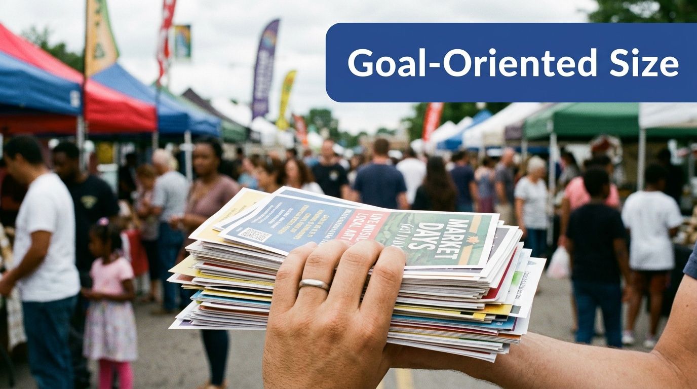 A hand holding a stack of flyers at an outdoor market with colorful tents in the background.