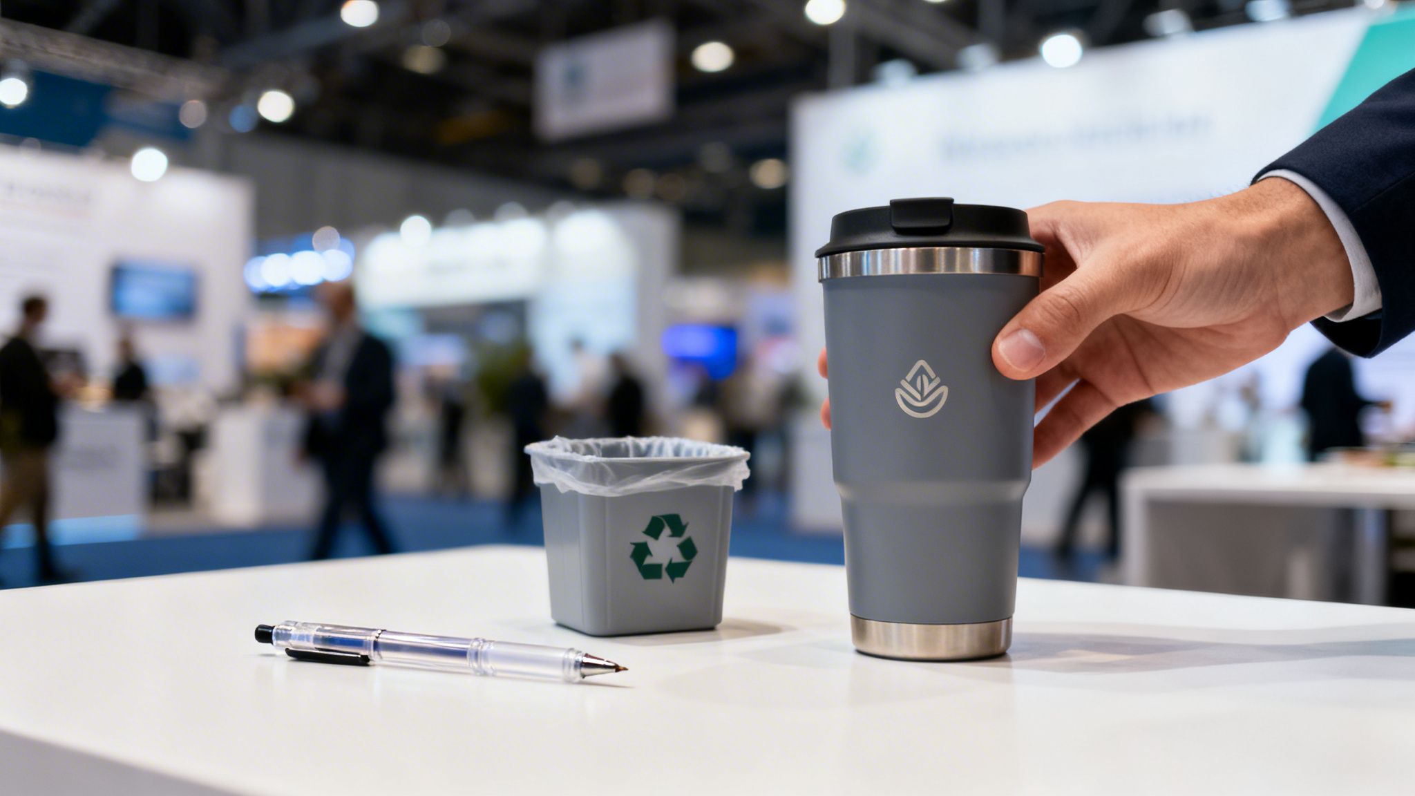 Hand holds a reusable gray travel mug with a leaf logo, next to a recycling bin and pen.