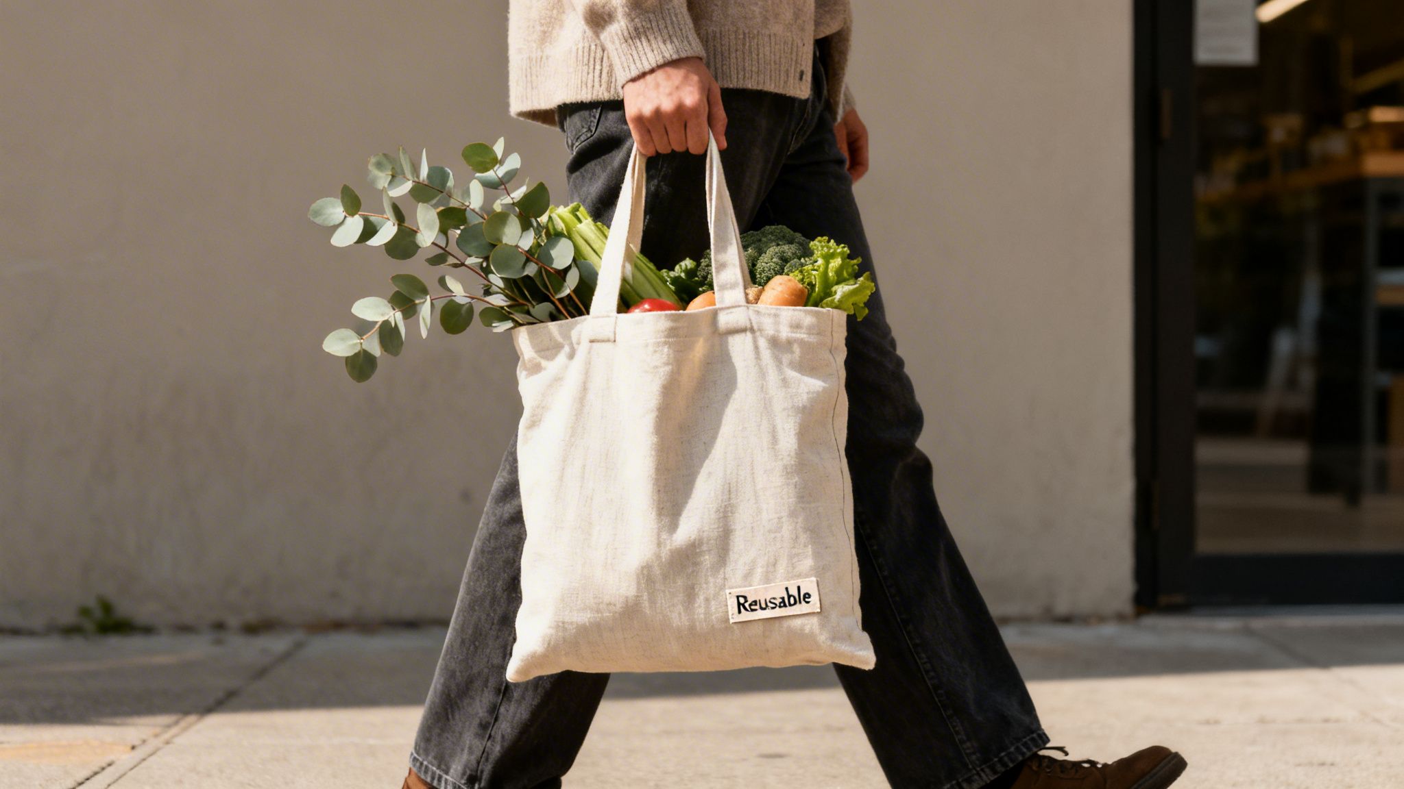 A person walks outdoors, carrying a beige reusable tote bag filled with fresh groceries and eucalyptus.