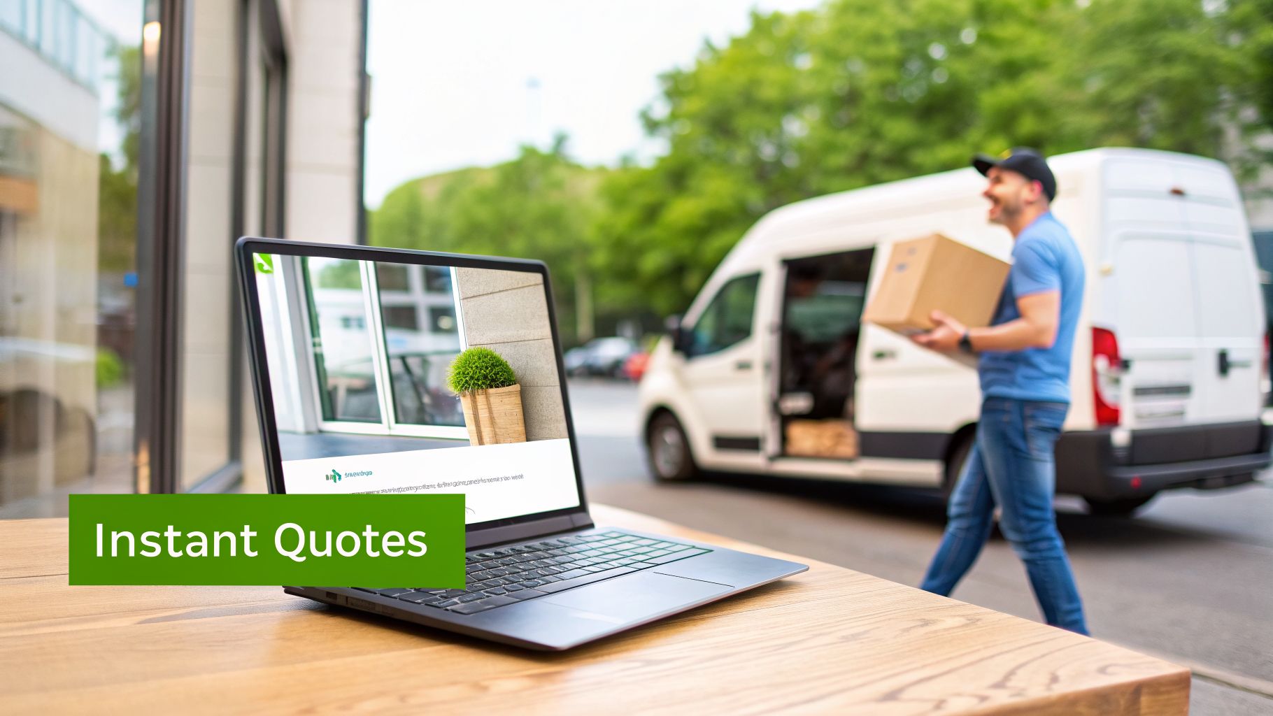 Laptop on a table displays a website, with a delivery man carrying a package from a white van.