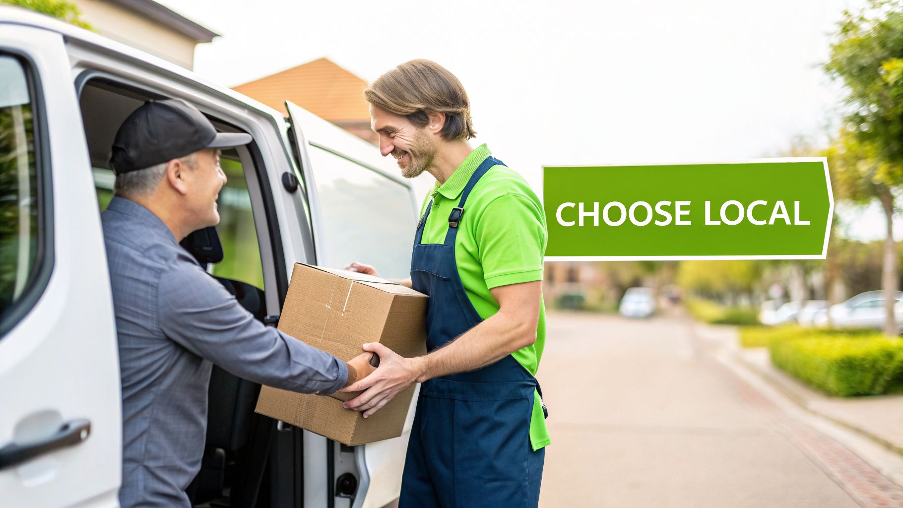 A smiling delivery man in overalls hands a package to a driver in a white van, with a 'CHOOSE LOCAL' sign.