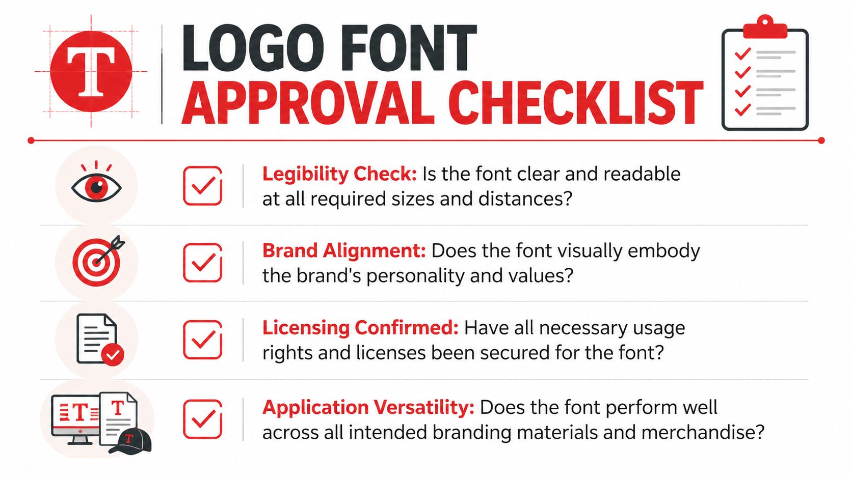 A professional checklist infographic detailing essential criteria for choosing the best font for a brand logo.
