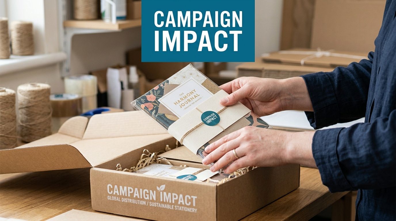 A person packing a Harmony Journal into a cardboard box for sustainable stationery distribution.