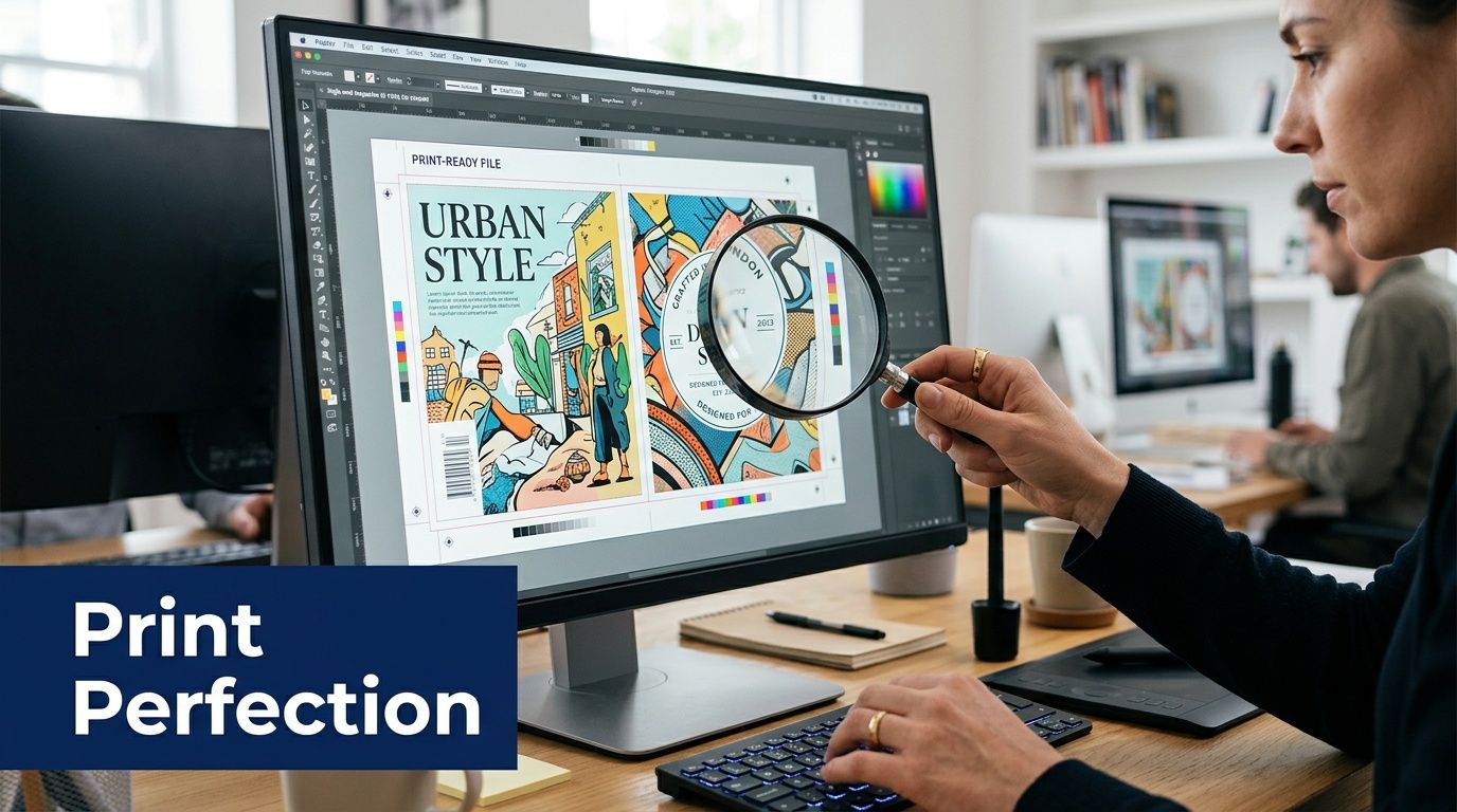 A graphic designer uses a magnifying glass to check details on a digital print-ready flyer design.
