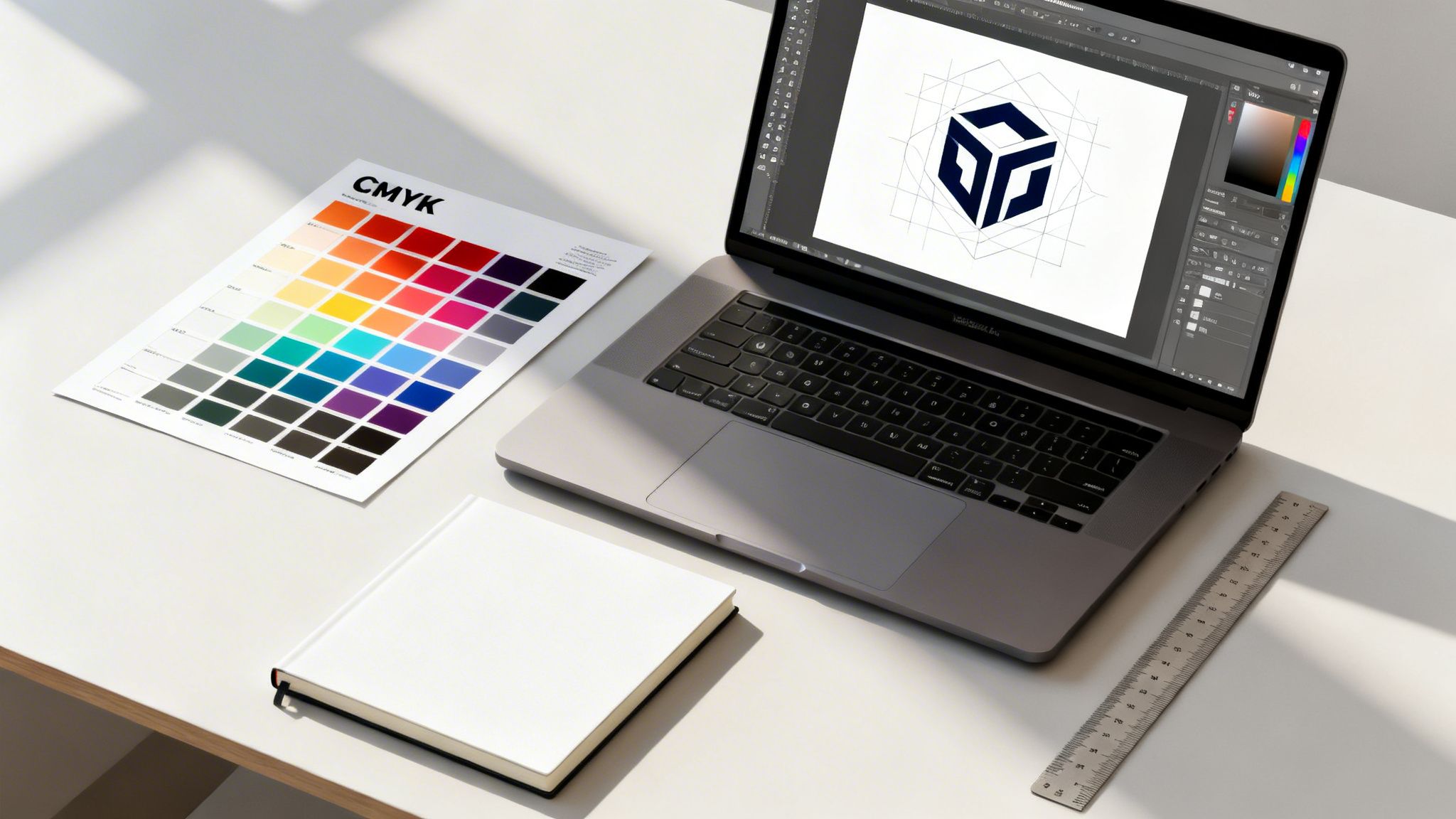 A graphic designer's workspace featuring a laptop, CMYK color chart, and a white notebook.