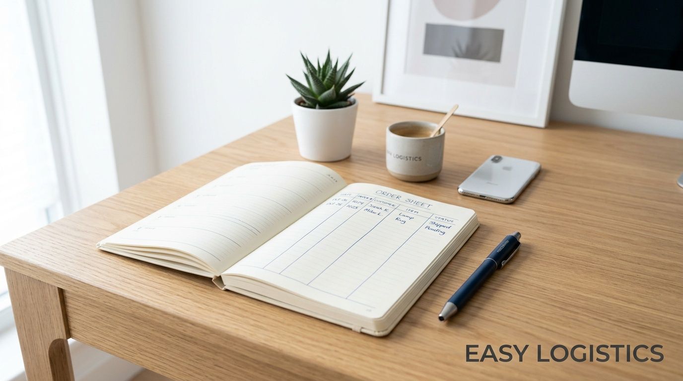 An organized wooden desk workspace with an open order sheet, a plant, a coffee cup, and a pen.