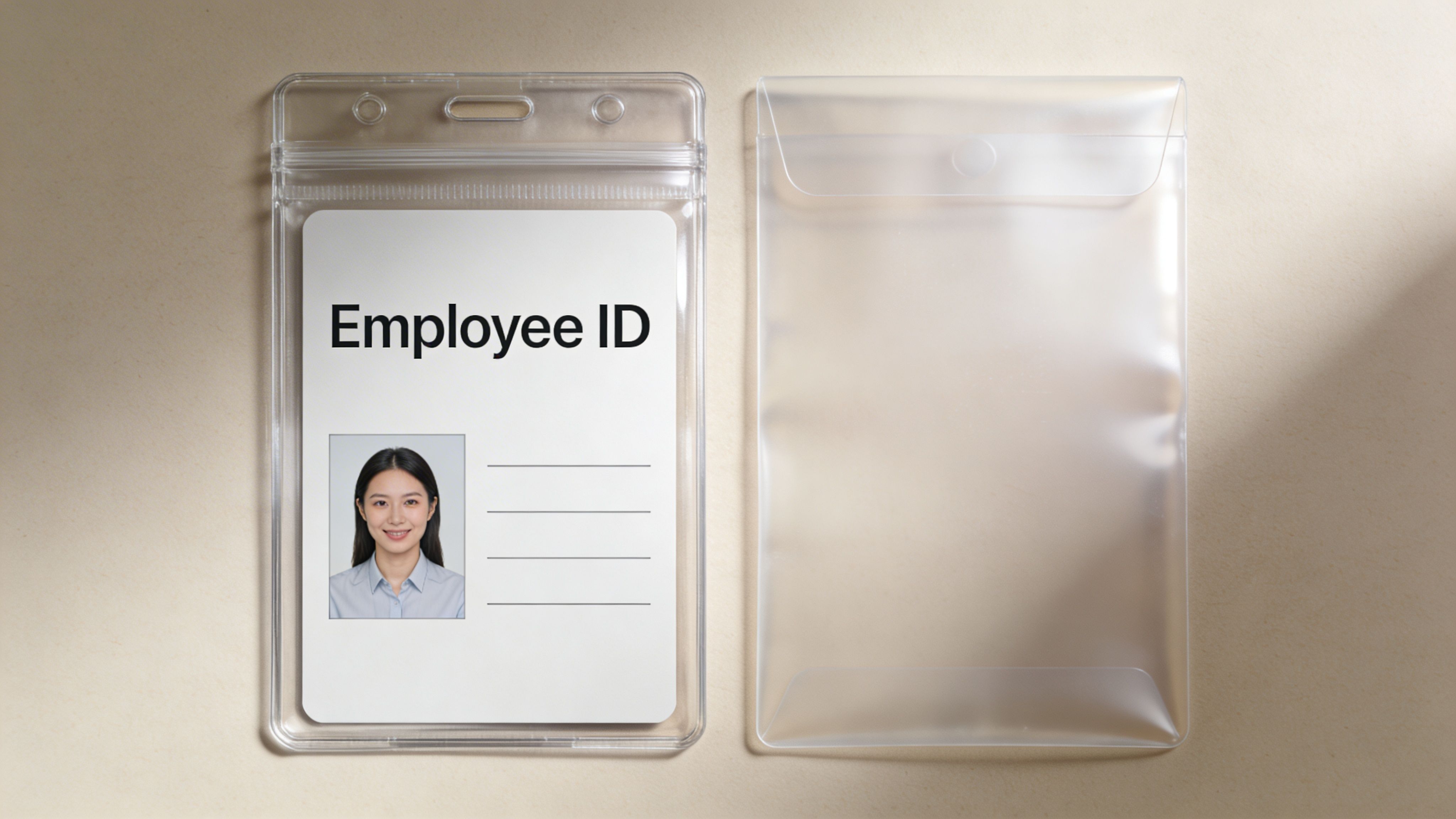 A professional ID badge holder with a blank white template and a portrait of a smiling woman.
