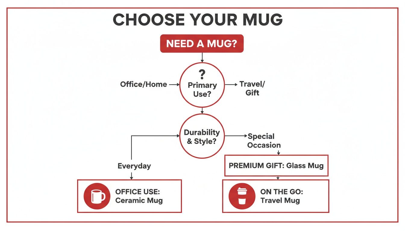 Flowchart guiding selection of coffee mugs based on primary use, durability, and style preferences.