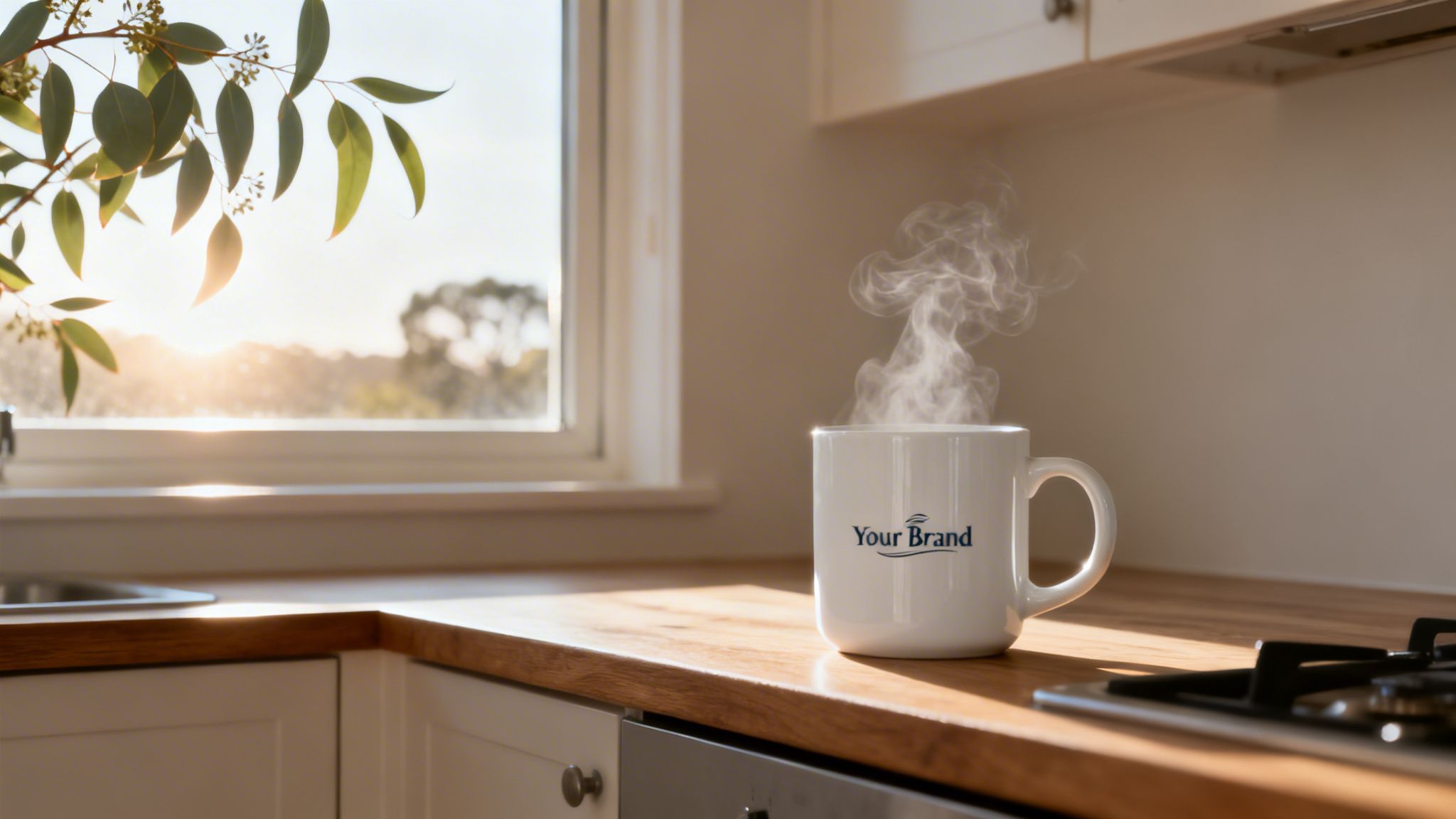 A steaming white coffee mug with 'Your Brand' logo sits on a wooden kitchen counter with sunlight and green leaves.