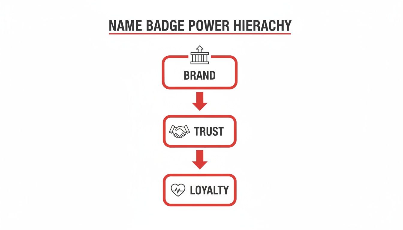 A diagram titled 'Name Badge Power Hierarchy' showing Brand leading to Trust, then to Loyalty.