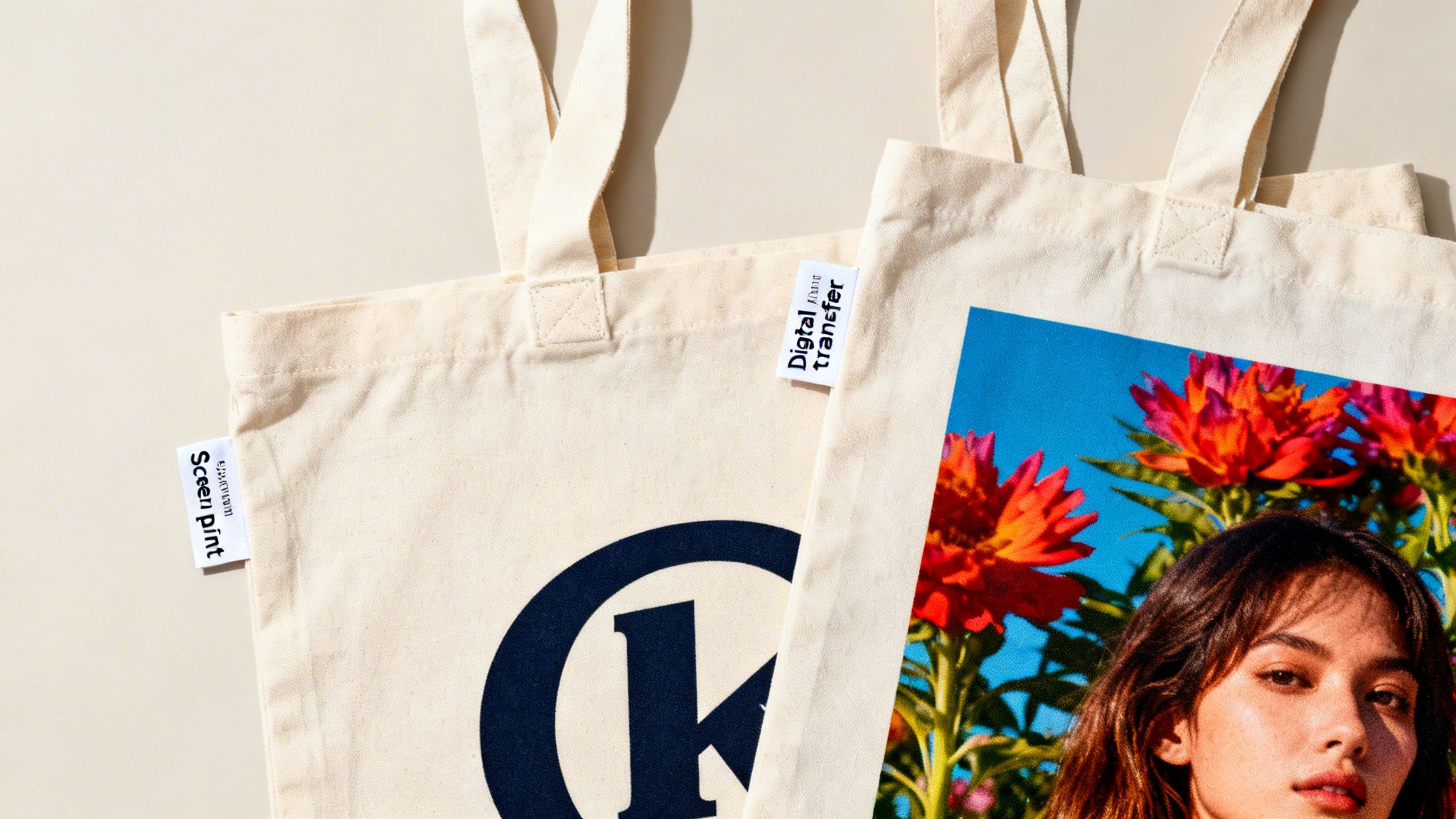 Two cream canvas tote bags, one with a 'K' logo and 'Screen print' label, the other with a colorful photo and 'Digital transfer' label.