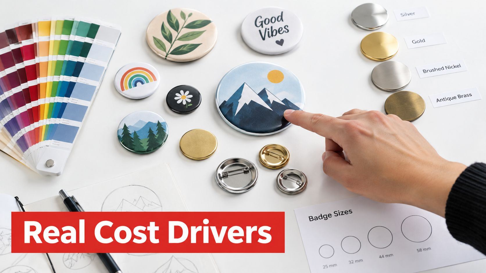 A hand selecting a mountain design custom badge among various samples and color swatches on a table.