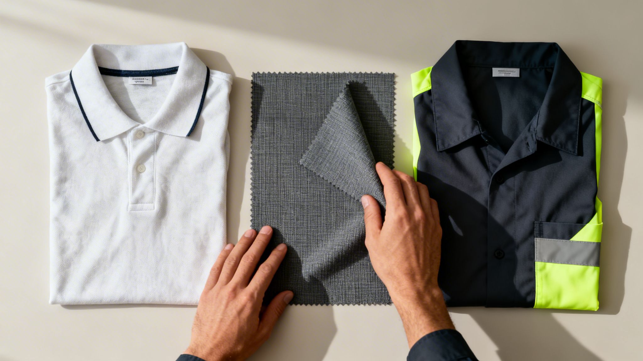 Hands examining a gray fabric swatch between a white polo shirt and a high-visibility work shirt.