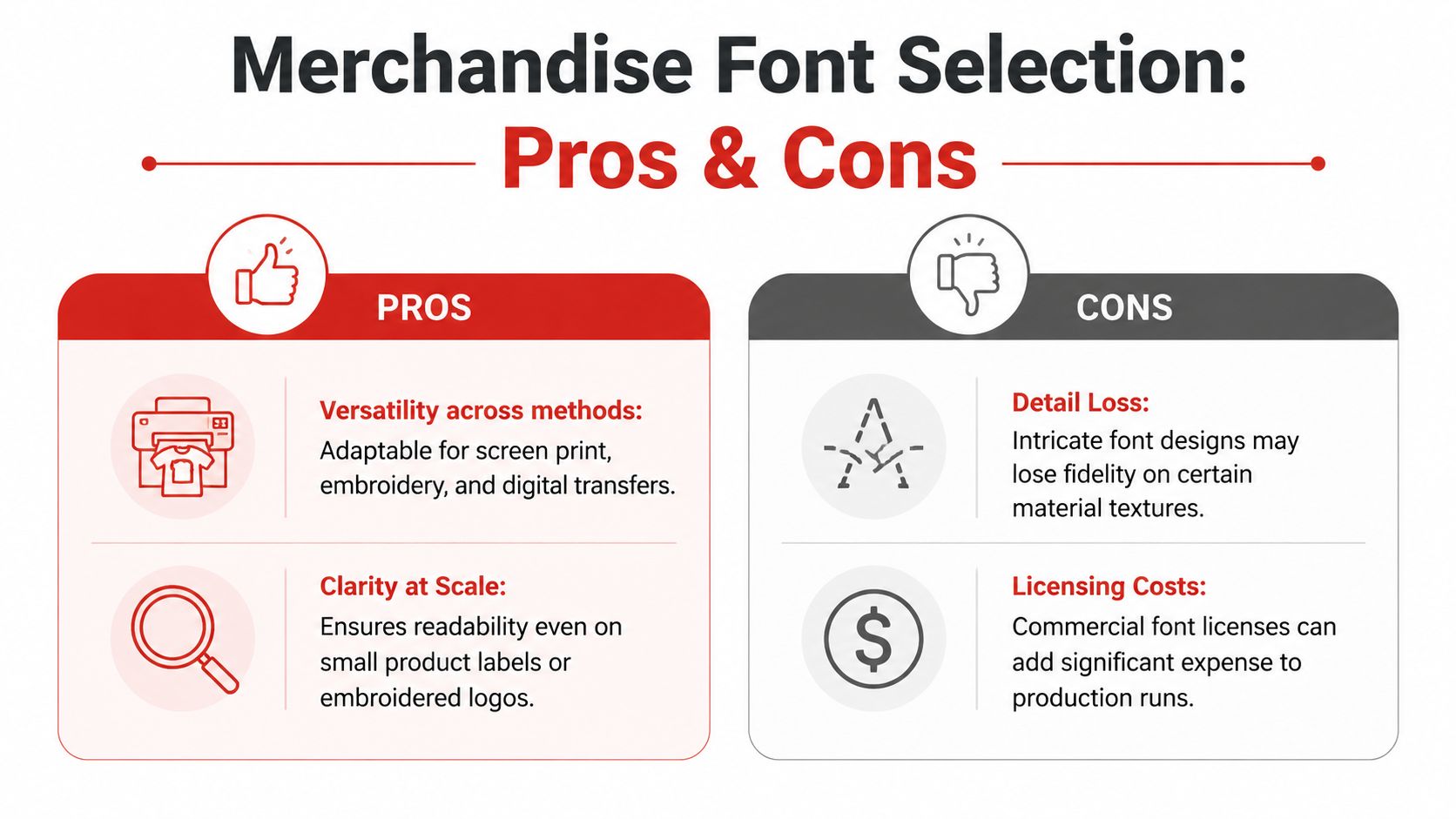 A comparison chart outlining the pros and cons of font selection for merchandise design and printing.