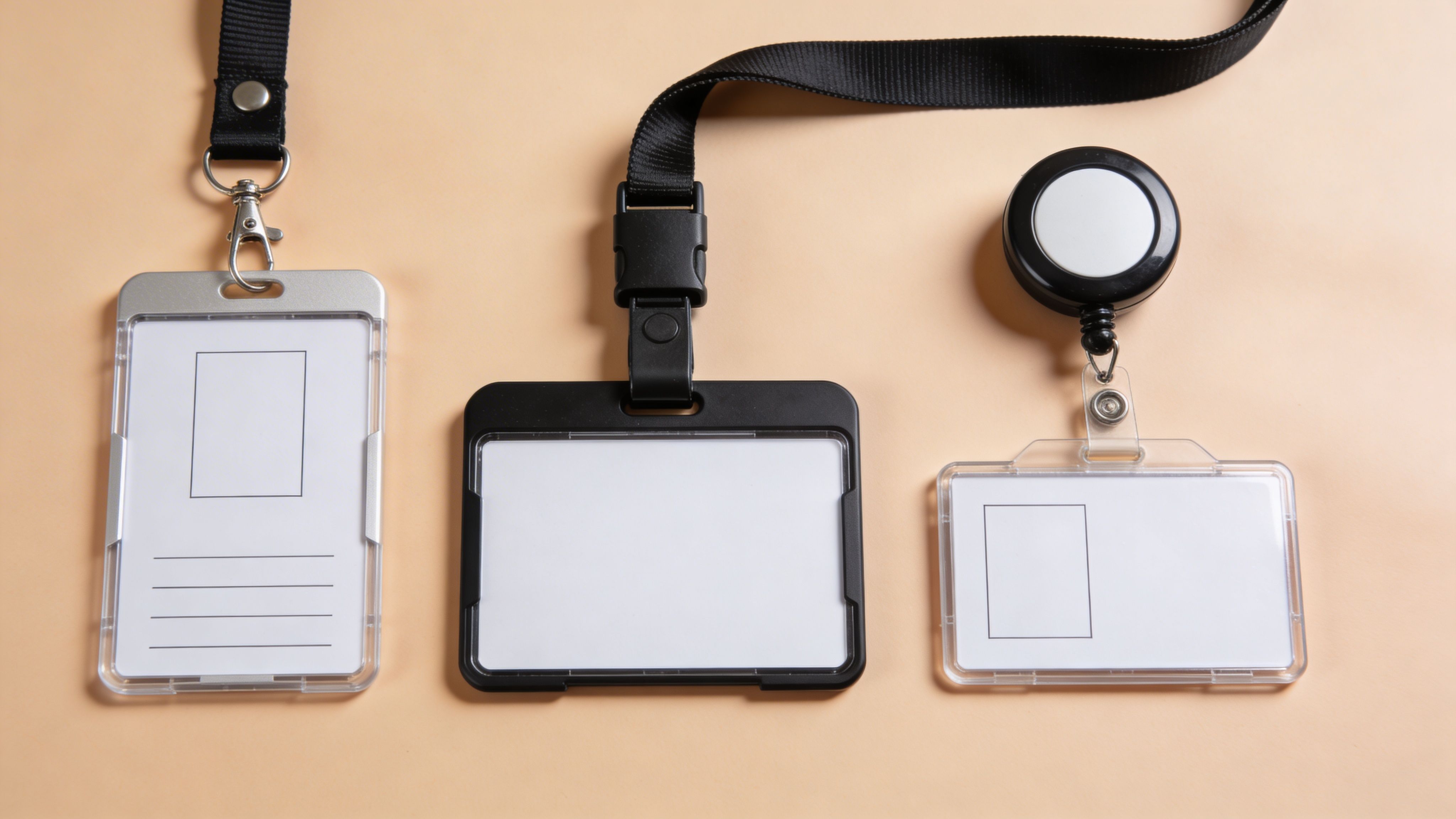 Three different styles of vertical and horizontal blank ID badge holders with lanyards and a retractable reel.