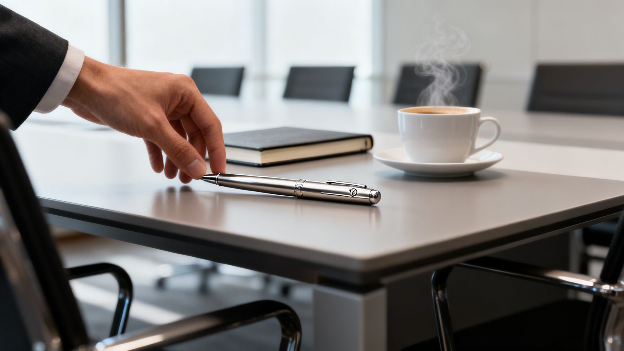 A businessman's hand reaches for a sleek silver pen on a modern conference table.