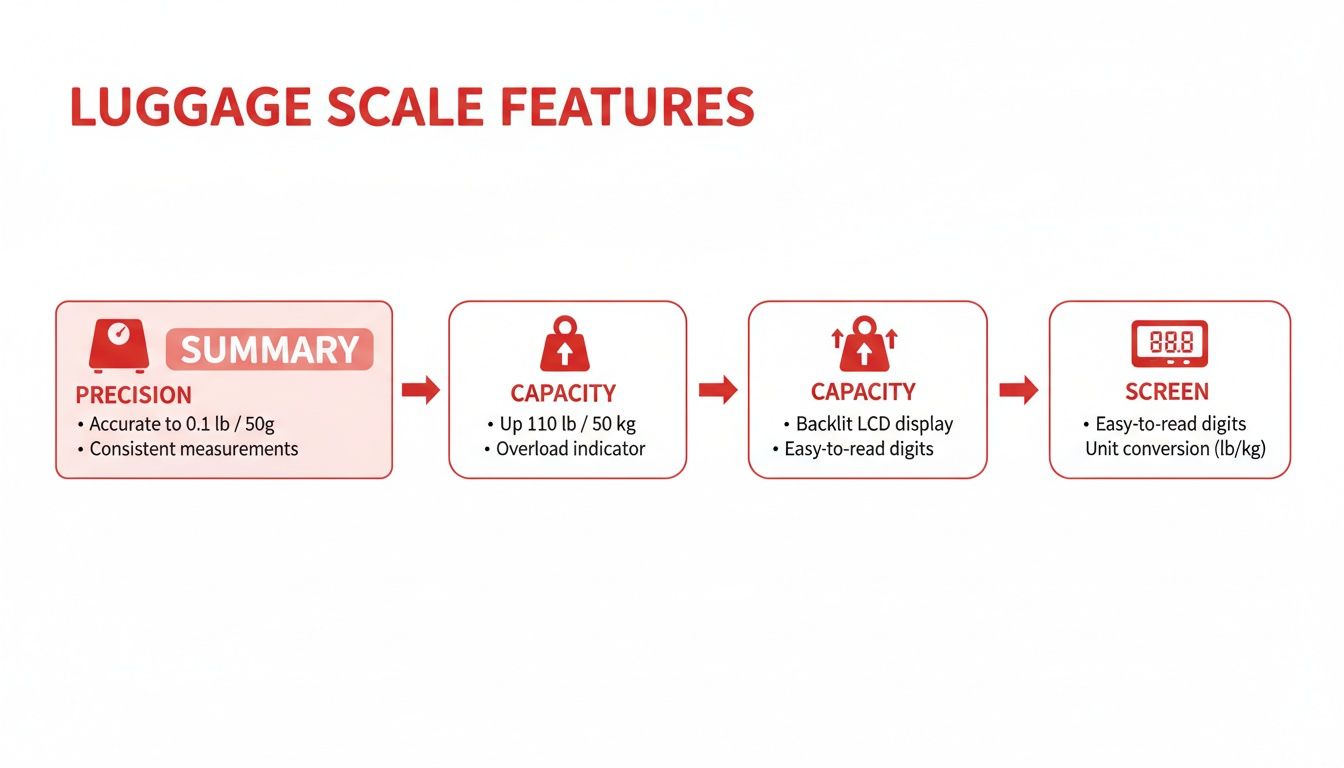 Flowchart illustrating key features of an electronic luggage scale including precision, capacity, and screen.