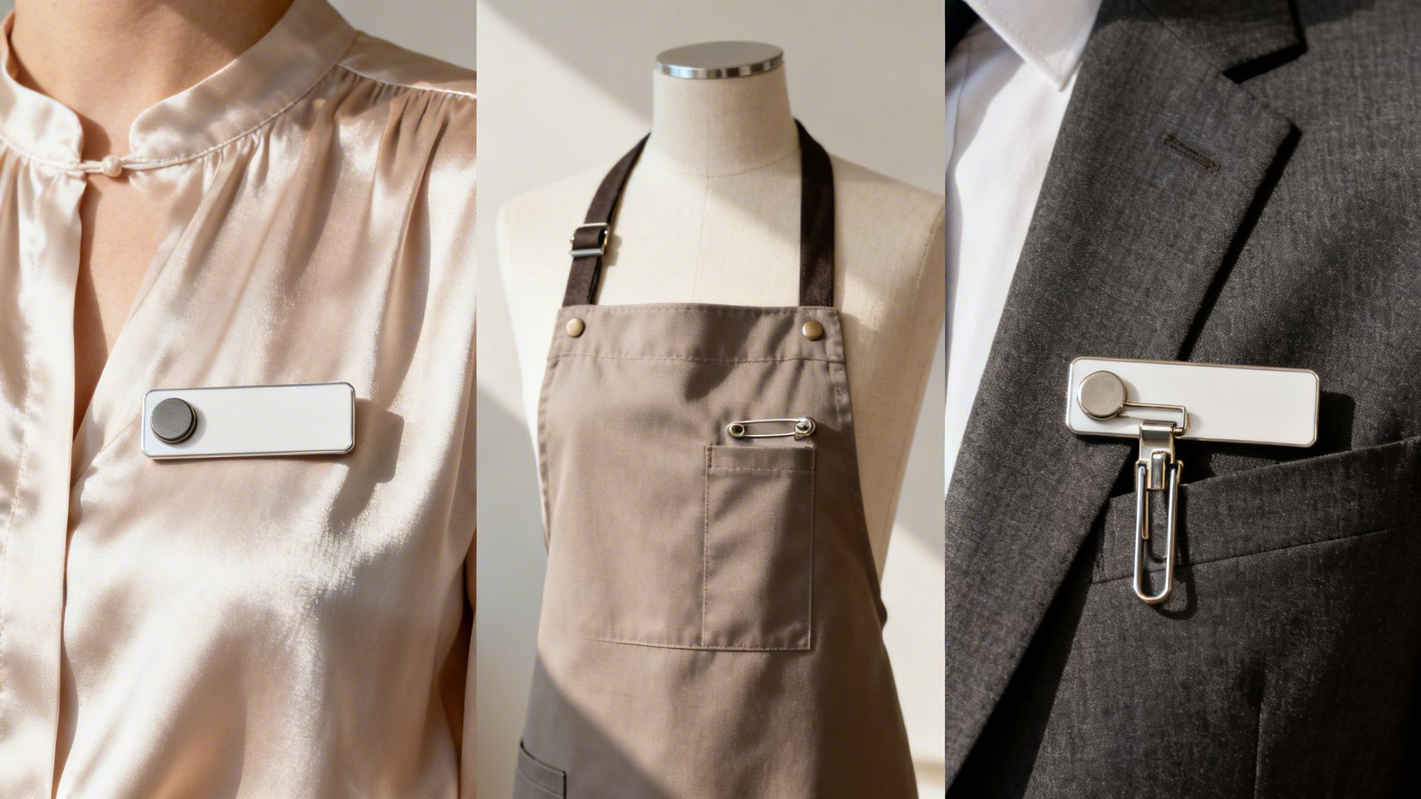 Three panels displaying name badge attachment options: magnetic, safety pin, and clip.