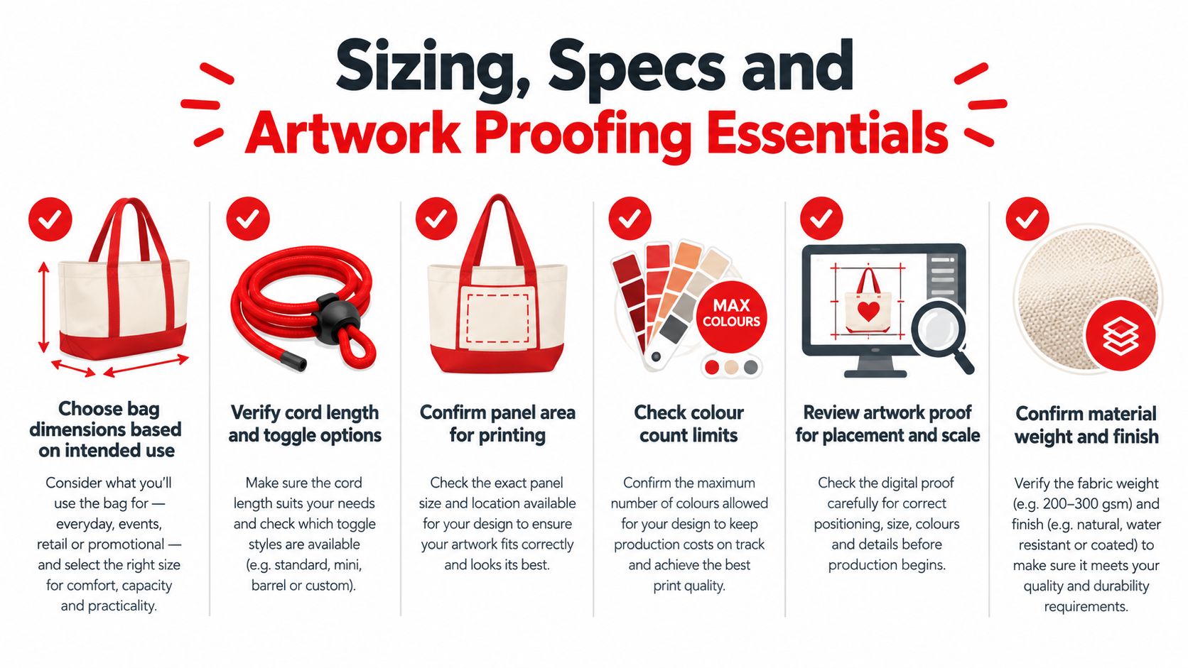 A helpful infographic outlining essential tips for sizing, specifications, and artwork proofing for custom bags.