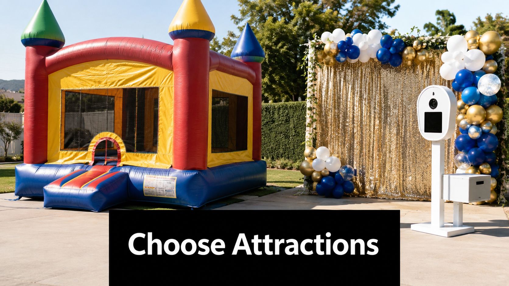 A bouncy castle next to a gold sequin photo booth backdrop with balloon decorations for parties.