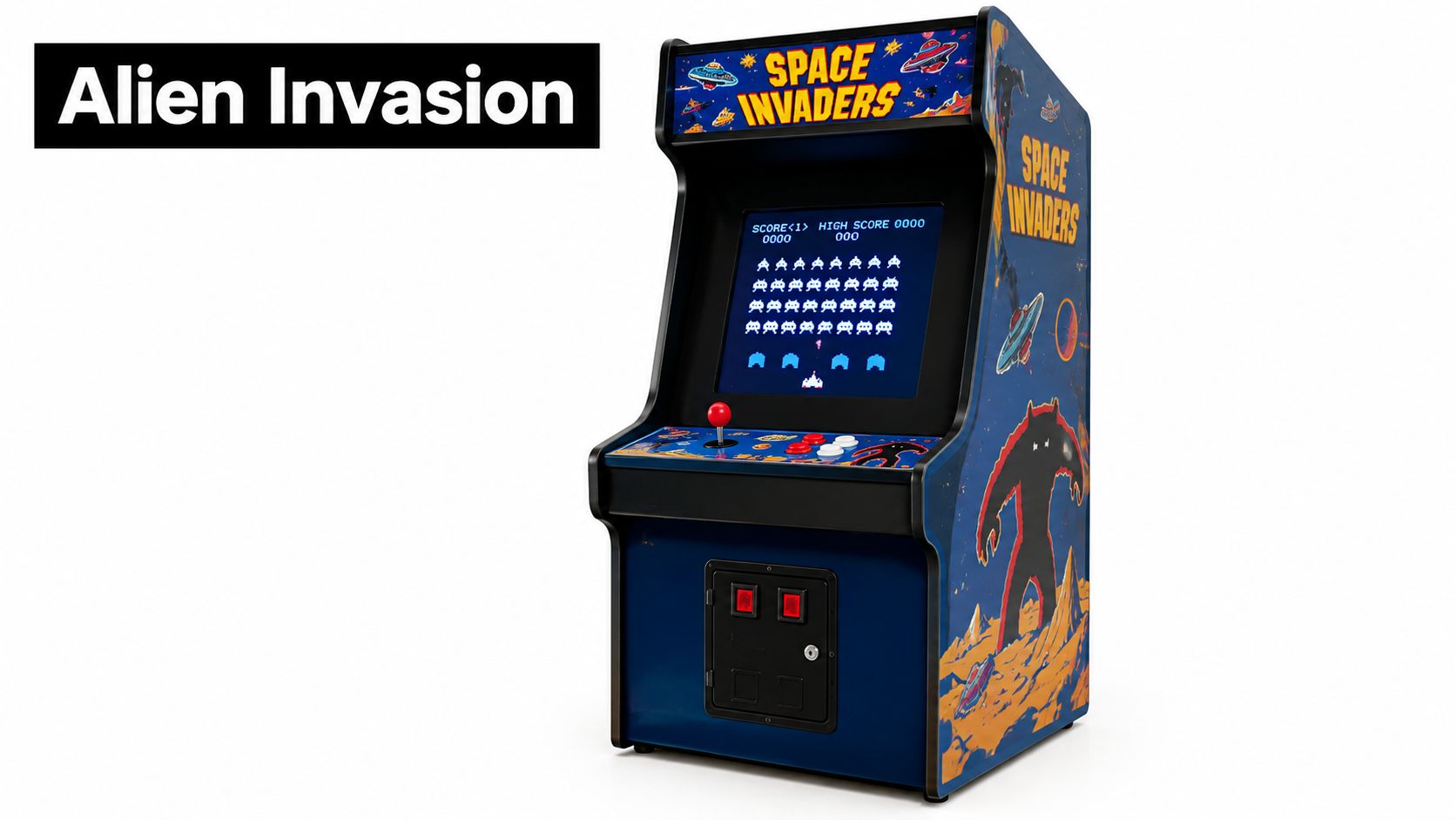 A classic retro Space Invaders arcade machine standing against a clean white background in a studio.