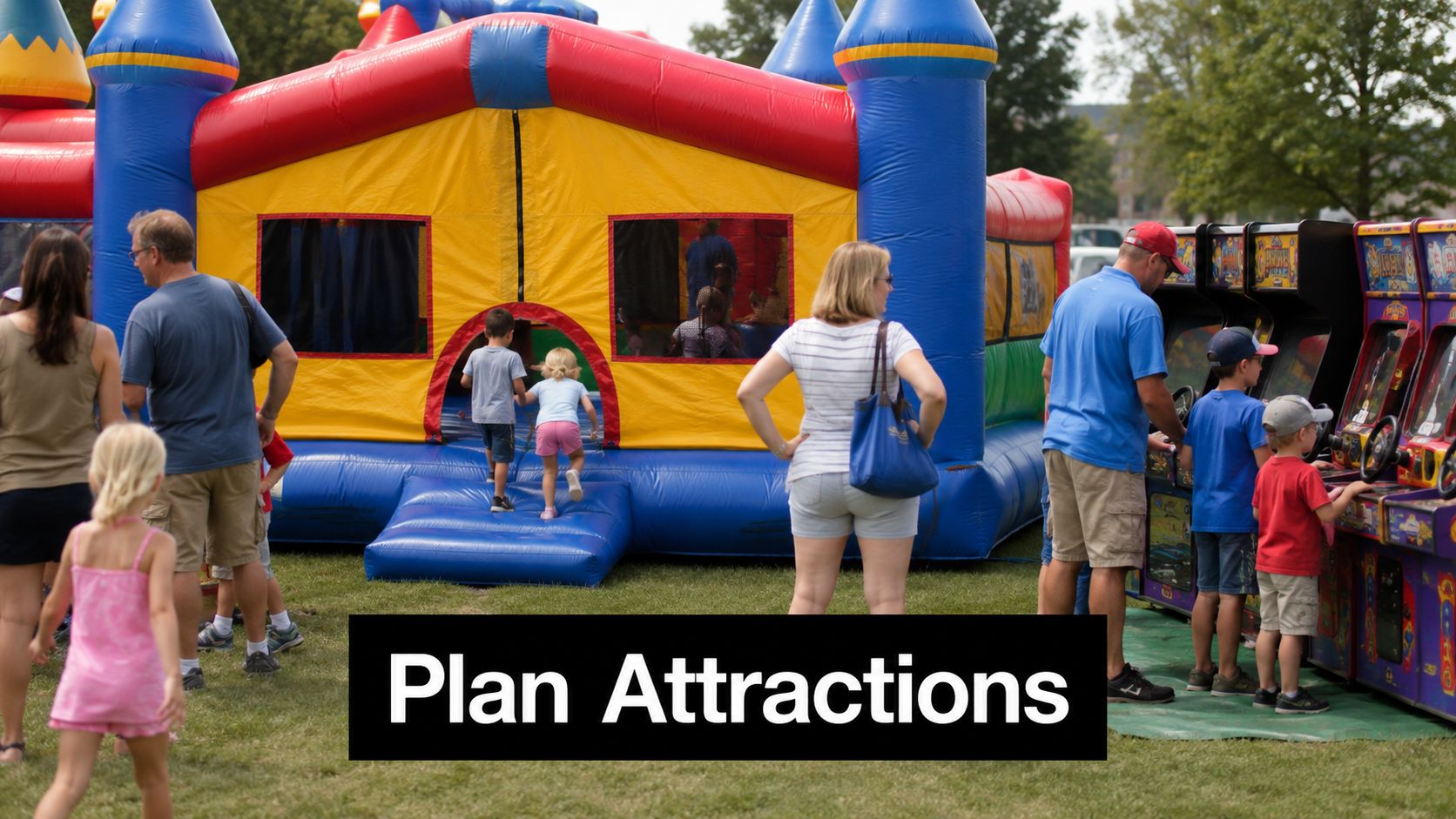 Families enjoying an outdoor community event with a large inflatable bounce house and vintage arcade game machines.