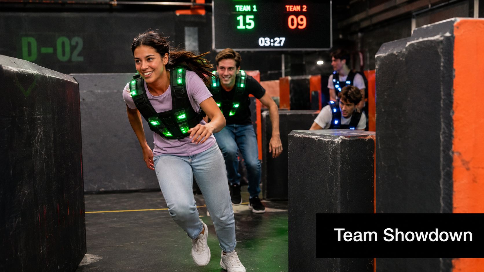 A group of young adults wearing glowing laser tag vests running through an indoor arena course.