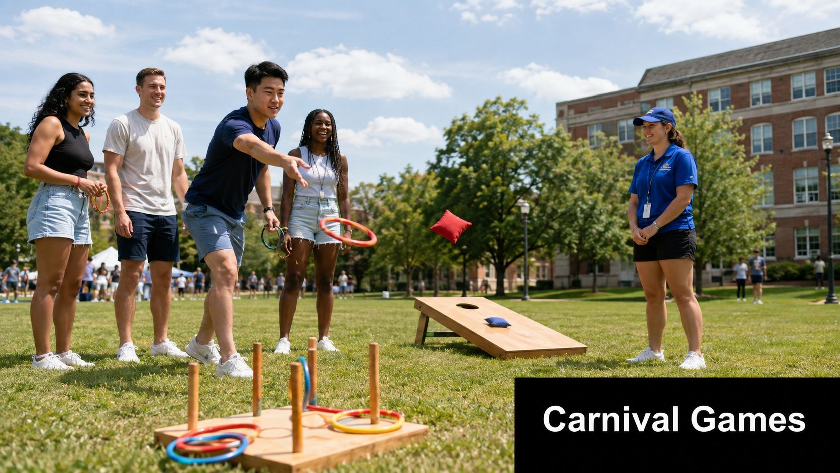 A group of happy college students playing ring toss and bean bag toss games on a sunny lawn.
