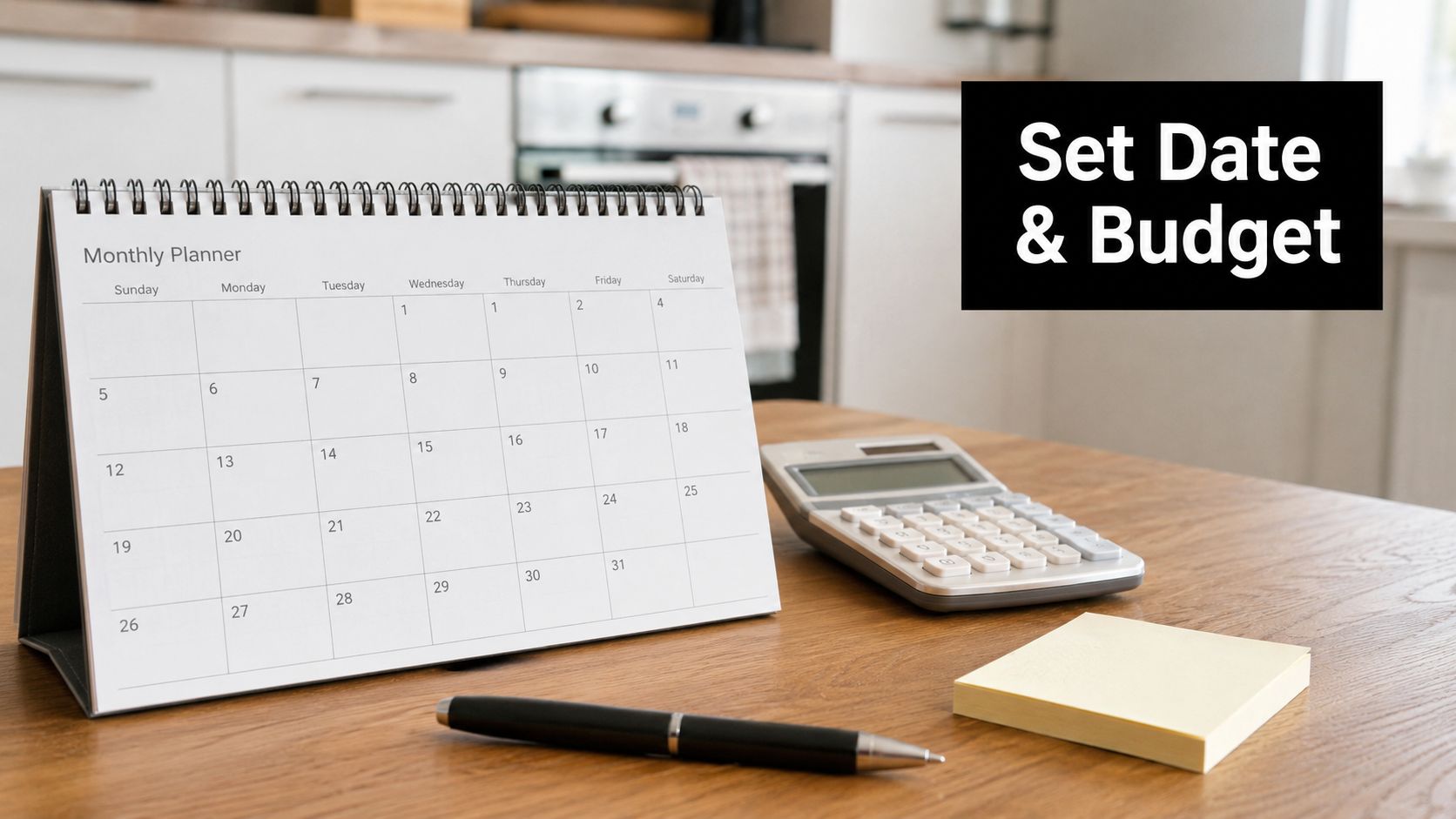A desktop scene featuring a monthly planner calendar, a calculator, and a pen for party planning.