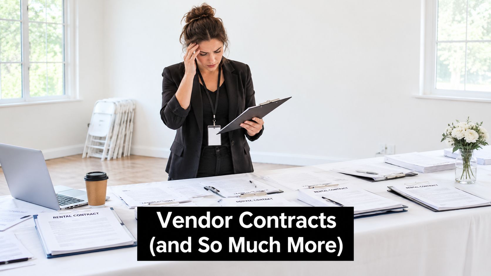 A stressed woman in a business suit reviewing multiple vendor rental contracts at a white desk.