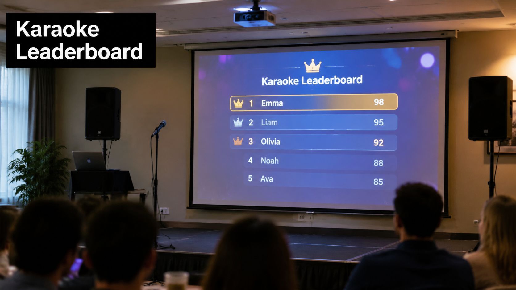 A large projector screen displaying a karaoke leaderboard with the top five scores in a conference room.