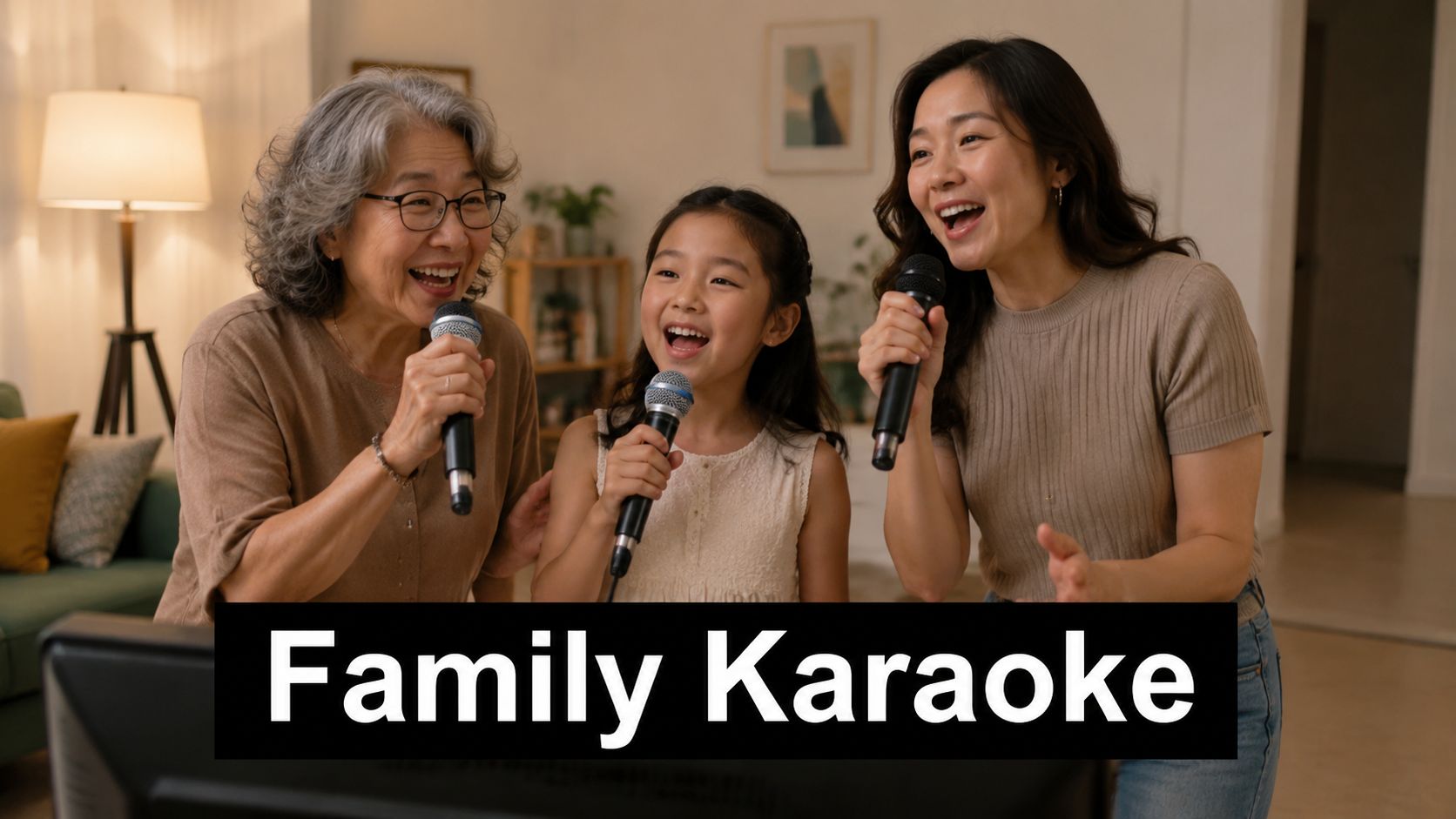 A grandmother, mother, and daughter smiling and singing together during a fun family karaoke night at home.