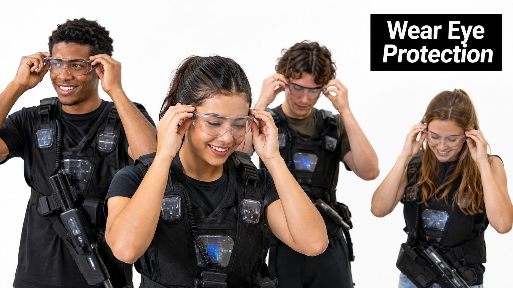 A group of young people smiling while putting on protective eye goggles for a laser tag game.