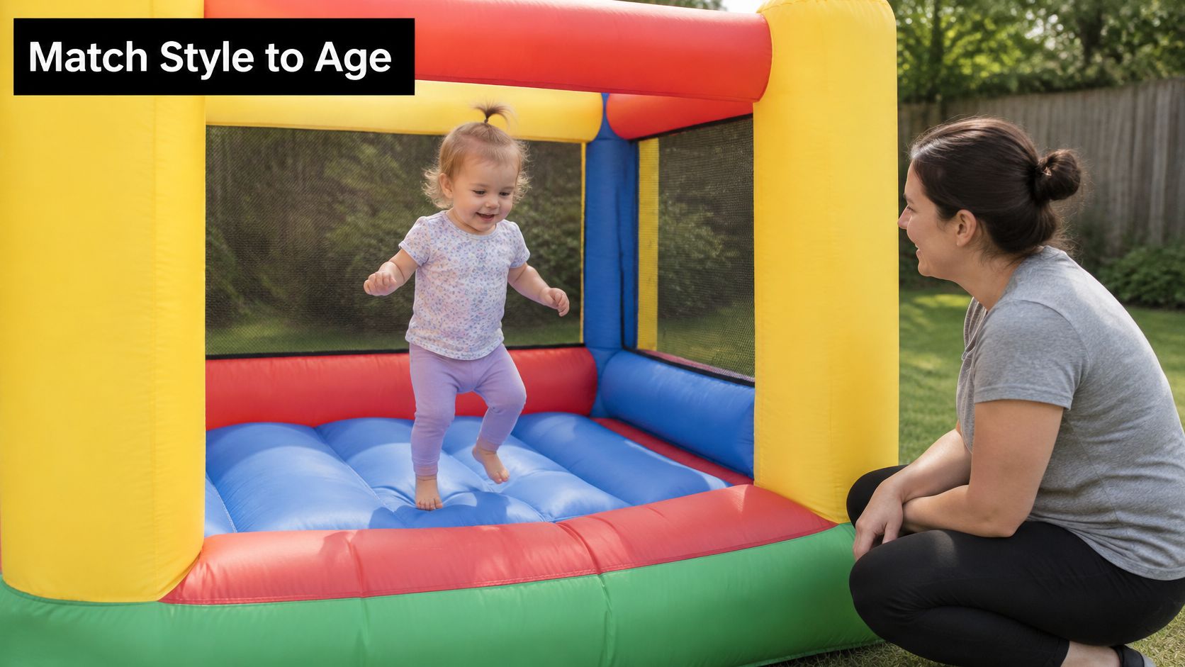 A toddler jumping in a colorful inflatable bounce house while being supervised by a smiling woman.