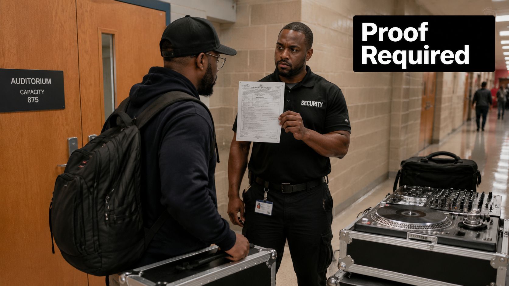 A security guard checks the credentials of a DJ arriving at a school auditorium for an event.