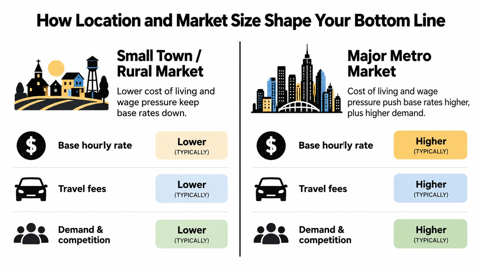 A comparison chart showing how small town and major metro market locations affect business hourly rates and fees.