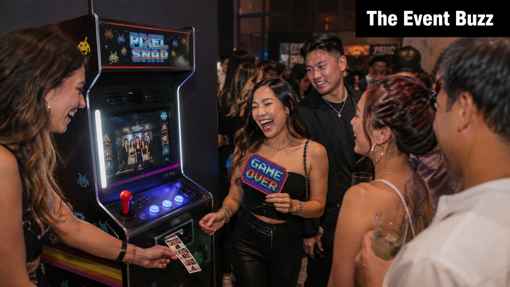 A group of friends laughing while collecting their printed photos from a retro-style arcade photo booth.