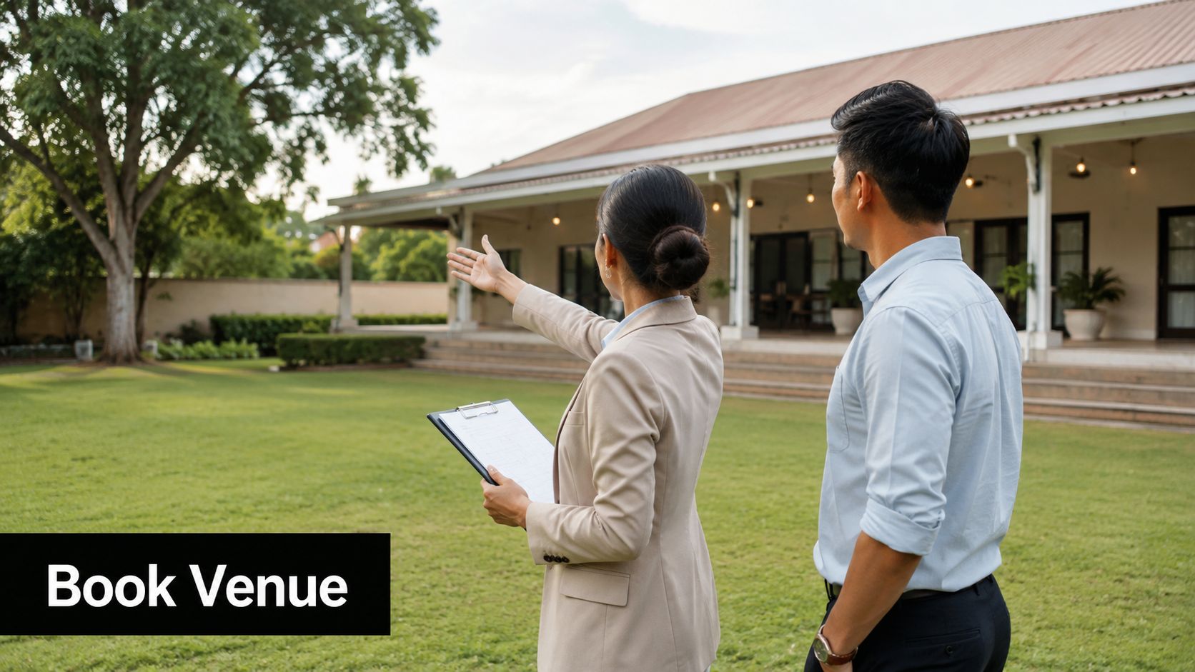 A professional estate agent pointing towards a house while showing property to a potential client outdoors.