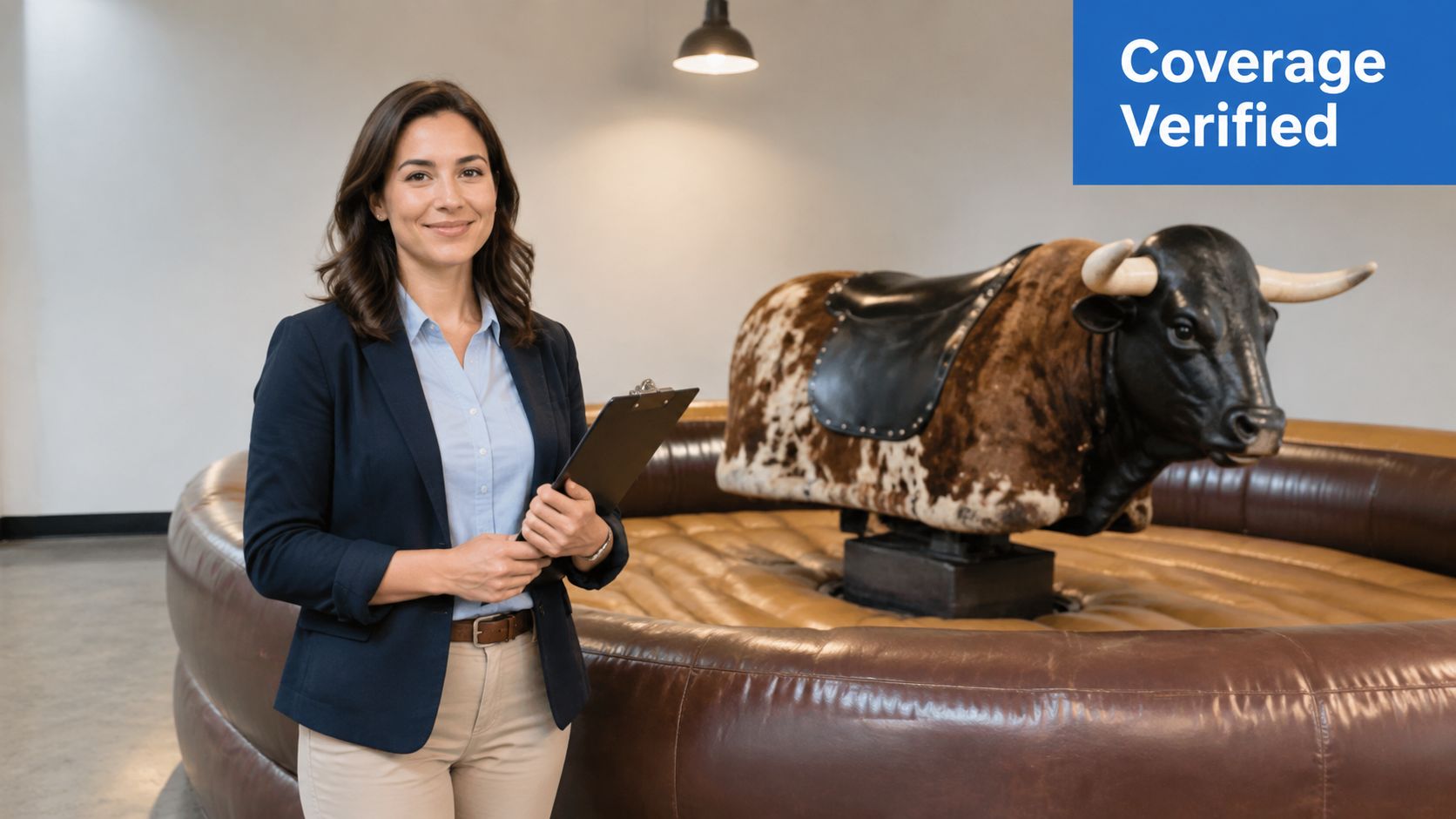 A professional insurance agent standing next to a mechanical bull, symbolizing risk coverage and liability protection.