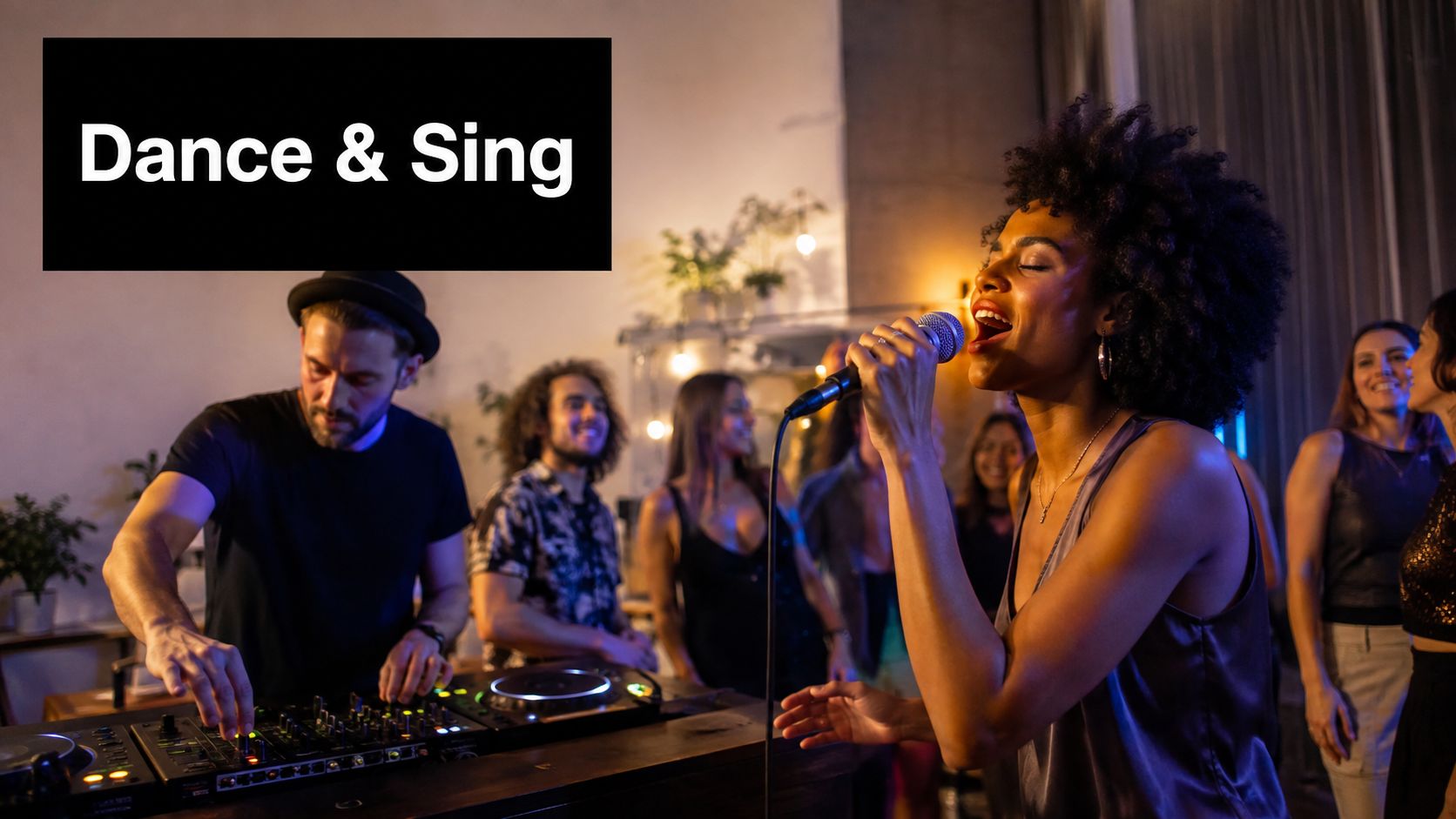 A group of friends enjoying a lively karaoke party with a live DJ and a singing woman.