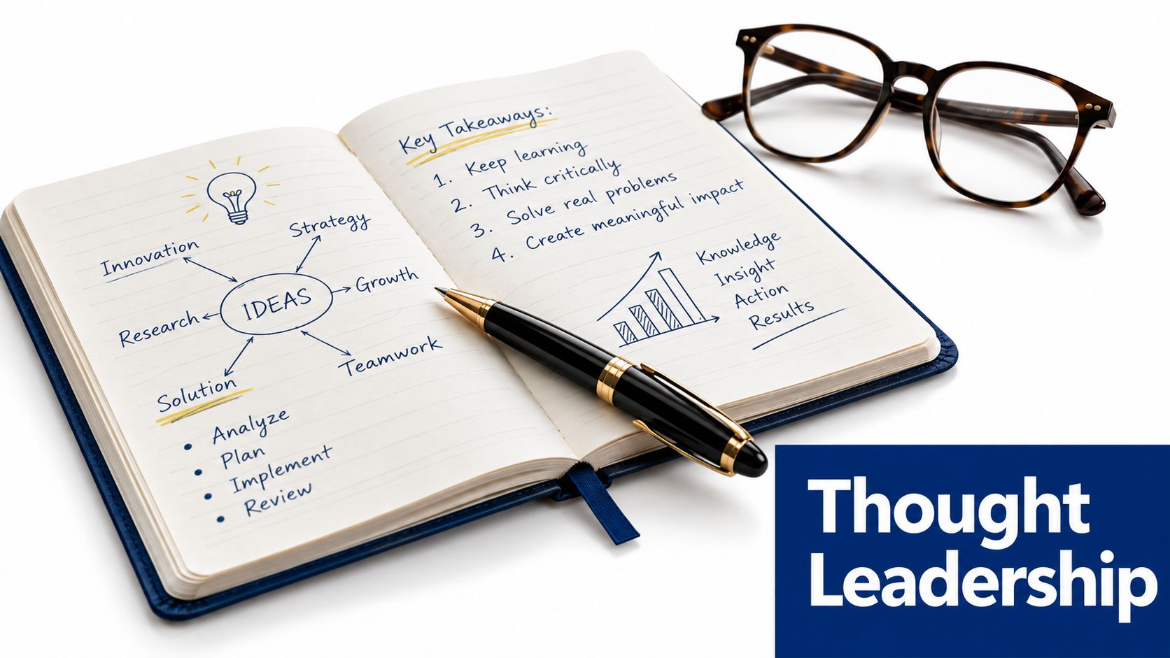 An open notebook with hand-drawn business diagrams, a pen, and eyeglasses on a white surface.