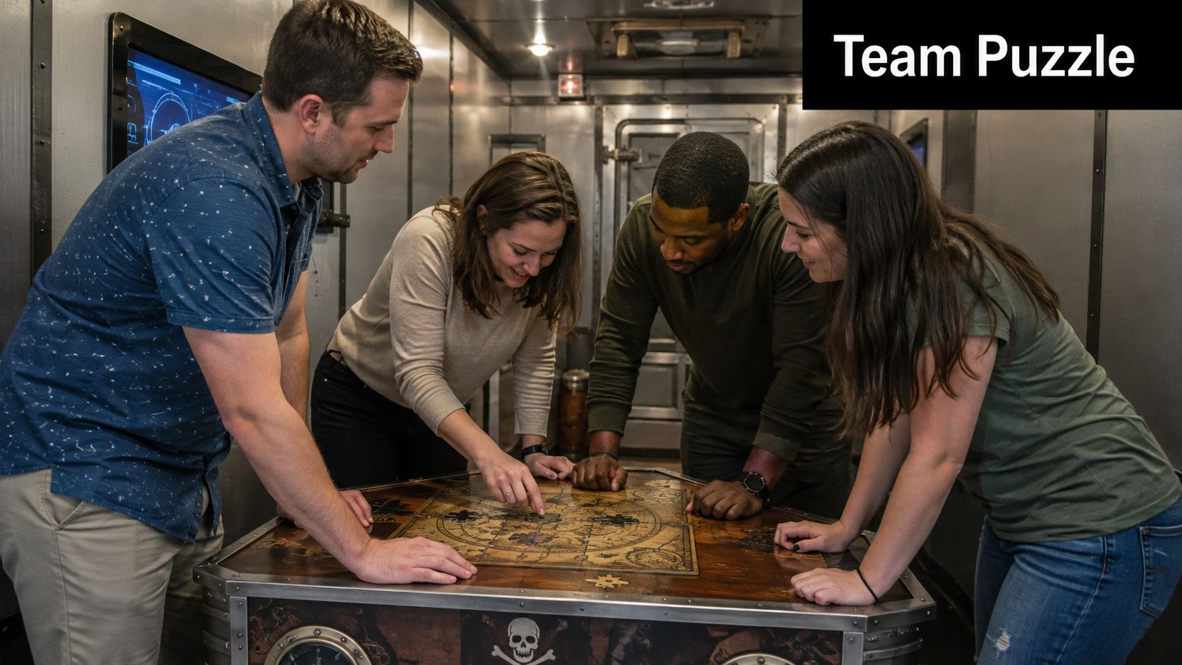 A diverse group of four friends working together to solve a large wooden puzzle in a room.