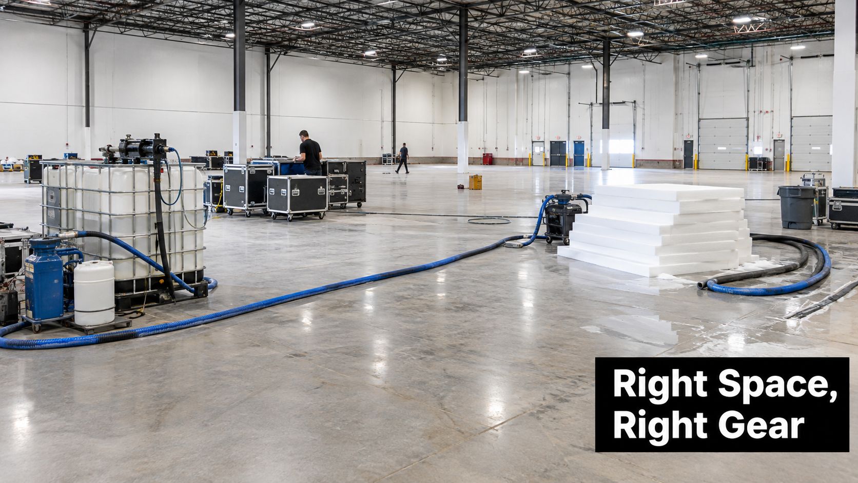 A large empty warehouse space with equipment for building a foam pit during event setup.