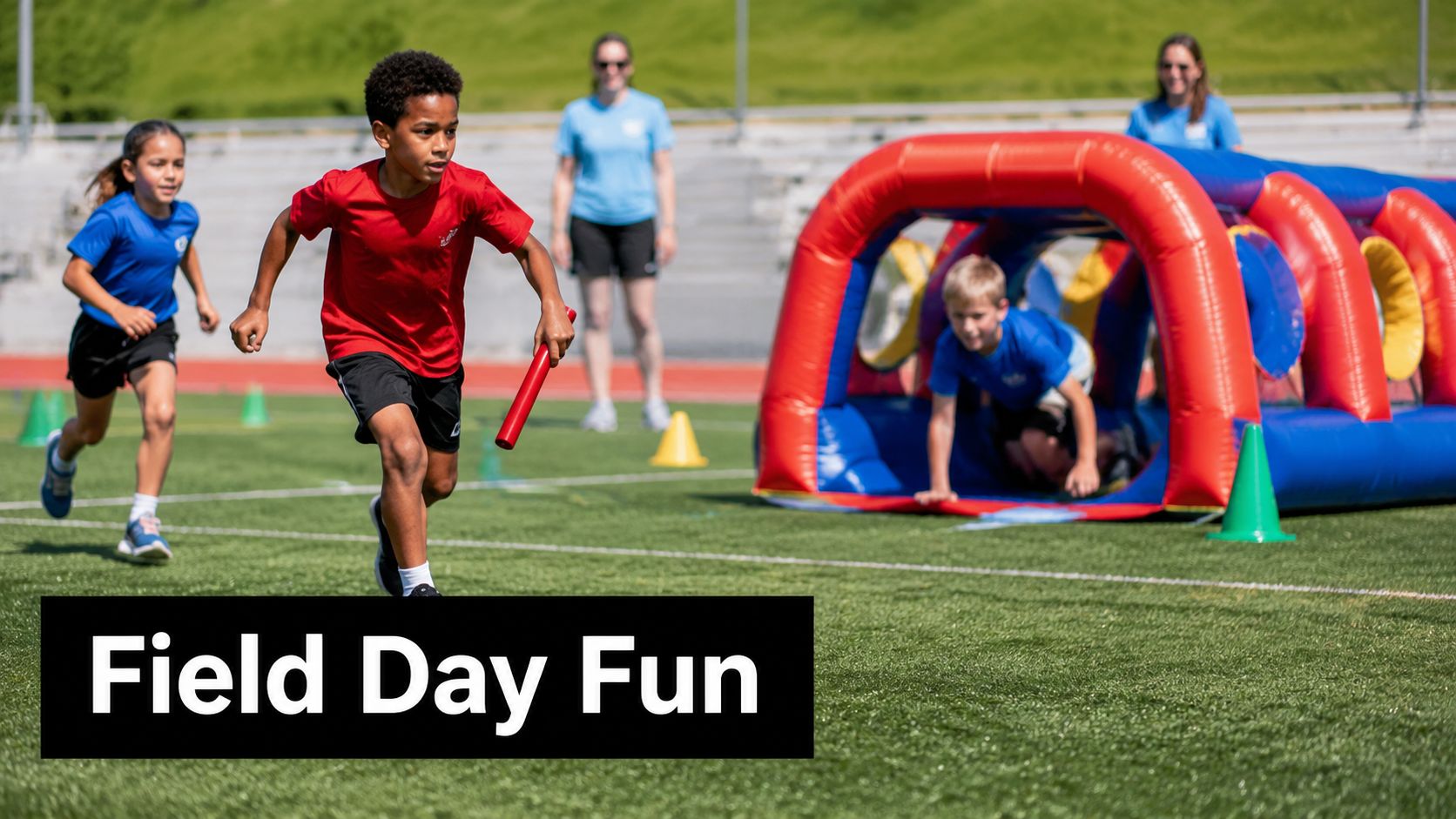 Children running and playing on an inflatable obstacle course during a bright and sunny field day event.
