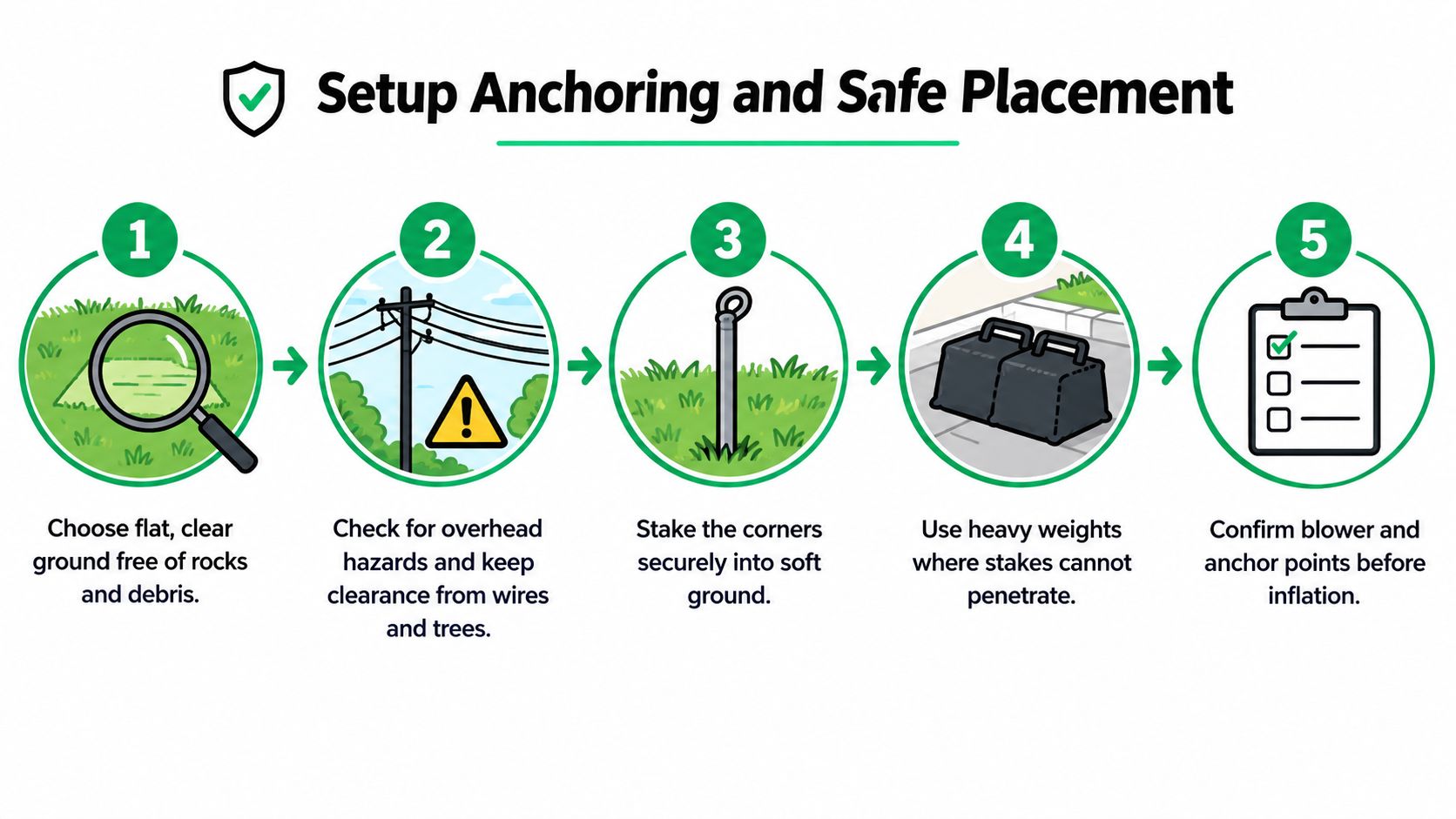 A five-step instructional guide on how to safely set up and anchor an inflatable bounce house outdoors.