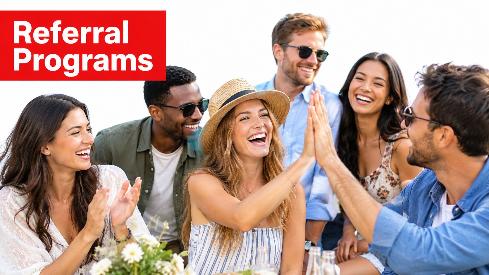 A diverse group of friends smiling and laughing while celebrating together at an outdoor gathering.