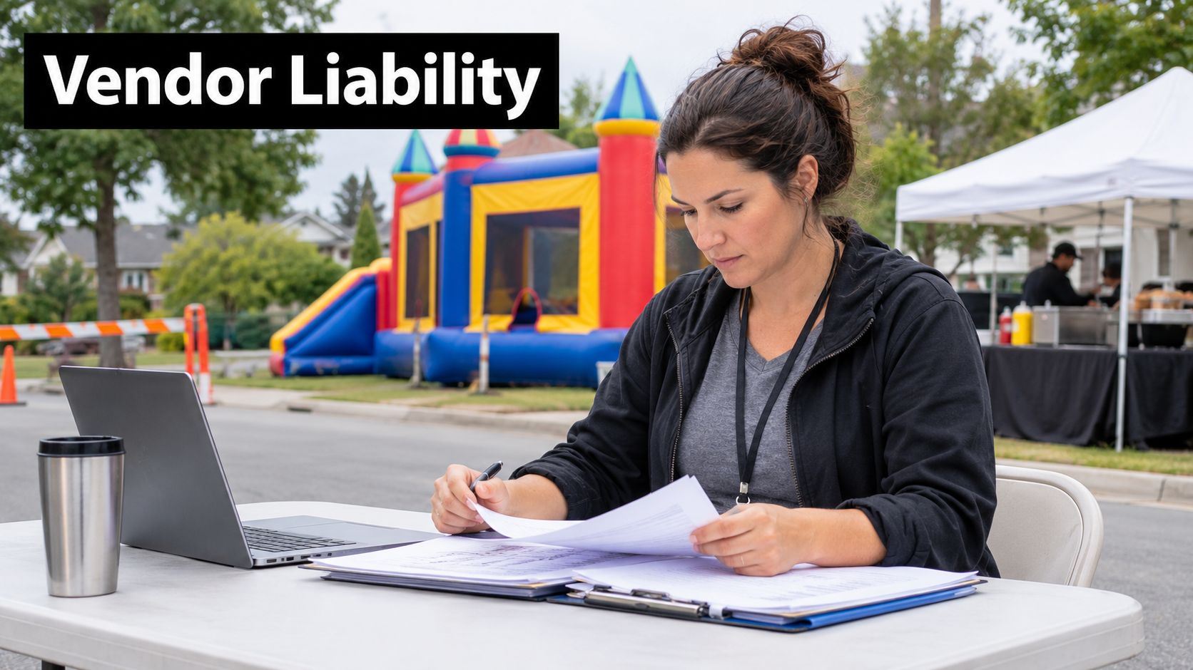 An event coordinator reviews paperwork and uses a laptop at an outdoor block party registration desk.