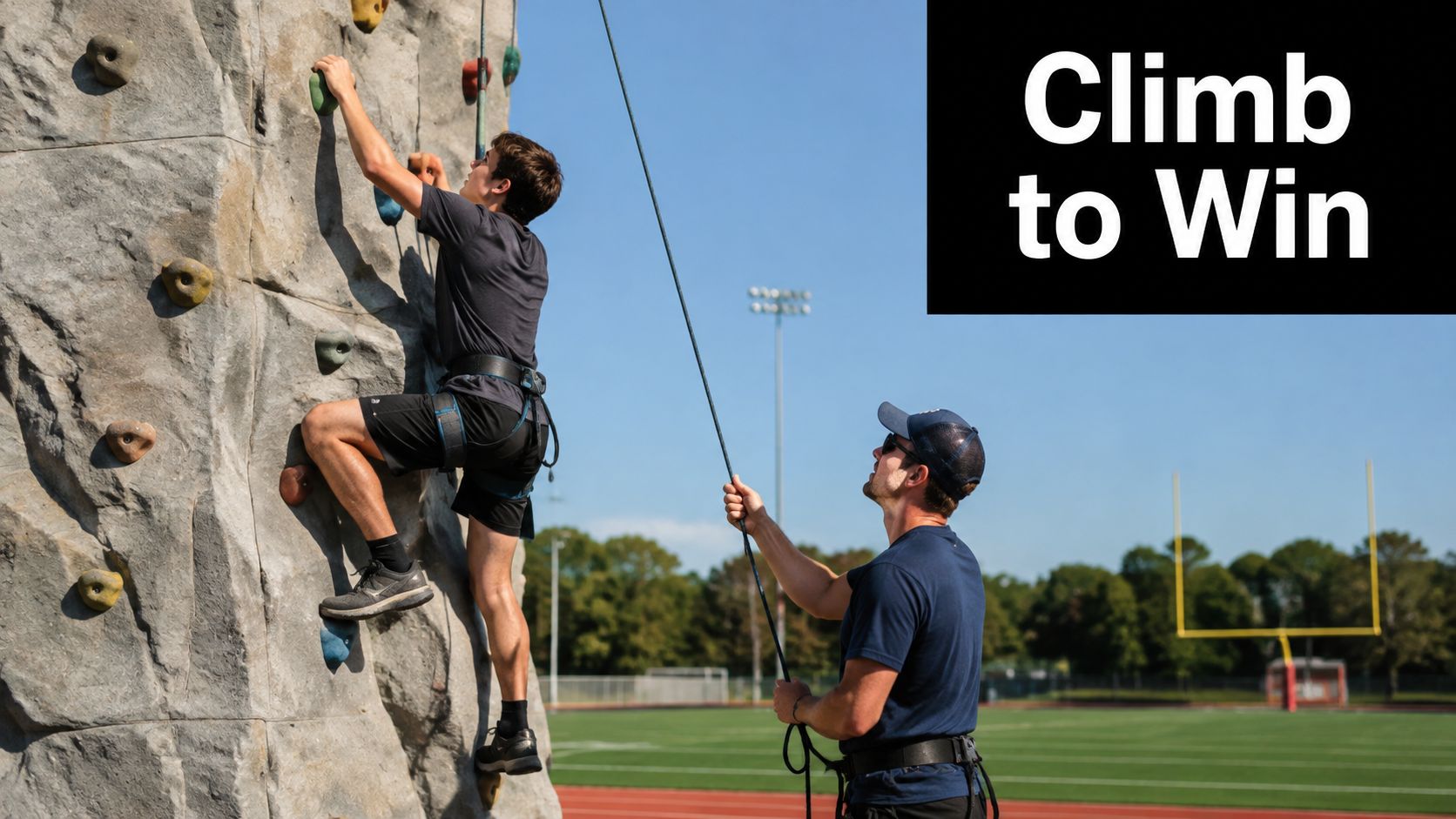A teenager climbing a portable rock wall while a belayer holds the safety rope outdoors.