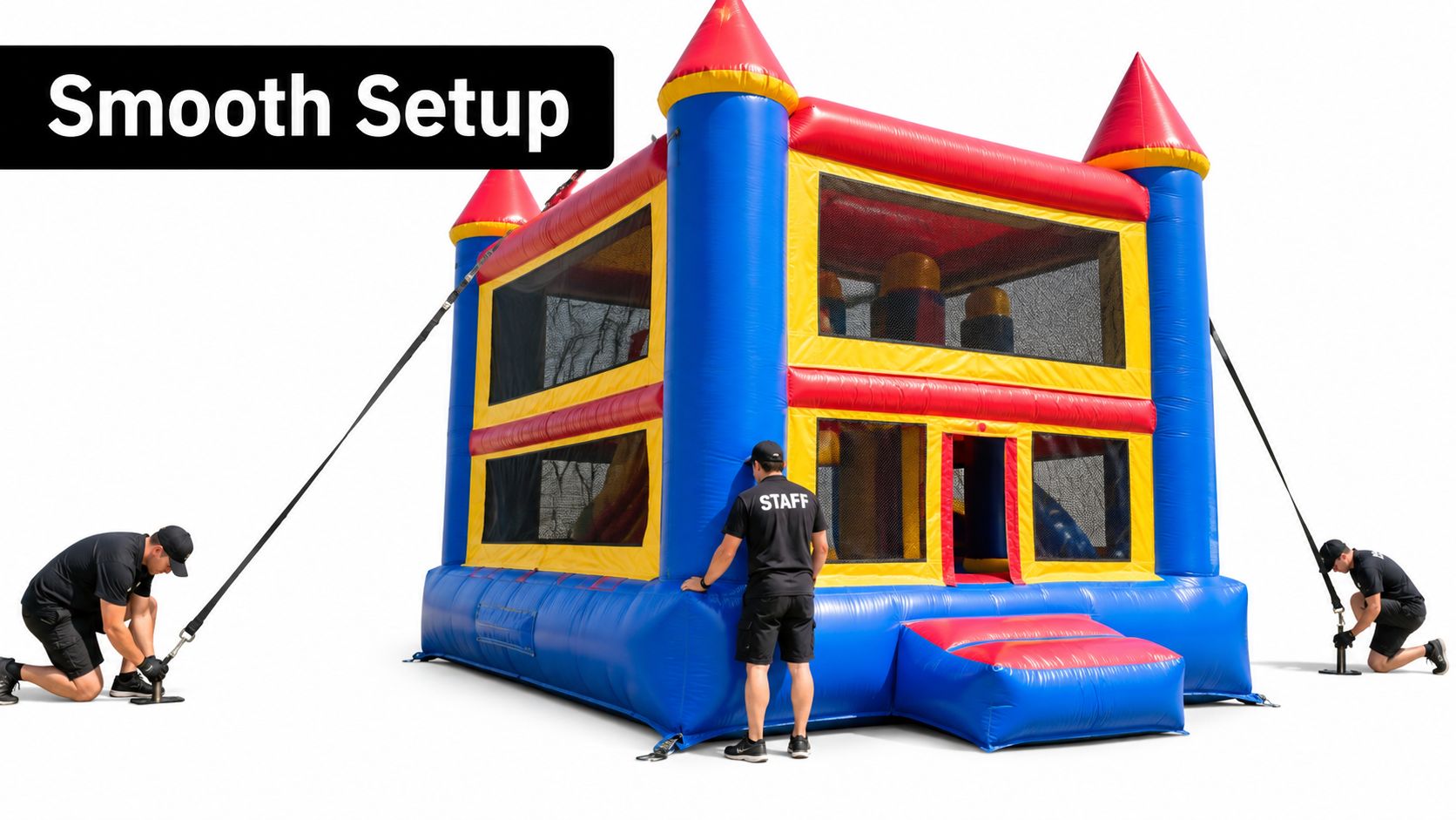 Three staff members setting up a large, colorful two-story inflatable bounce house in an outdoor area.